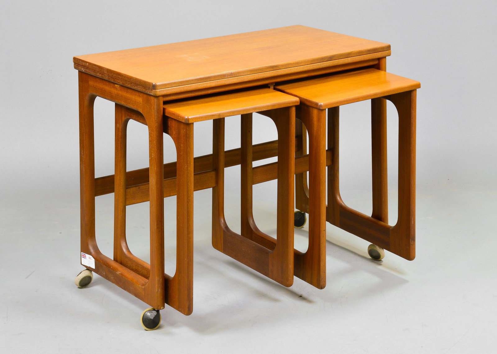 Mid Century Triform Flip Top Nest By McIntosh: Danish Modern Style Teak Triform Flip Top Nest by McIntosh - 25 tall x 30 x 17