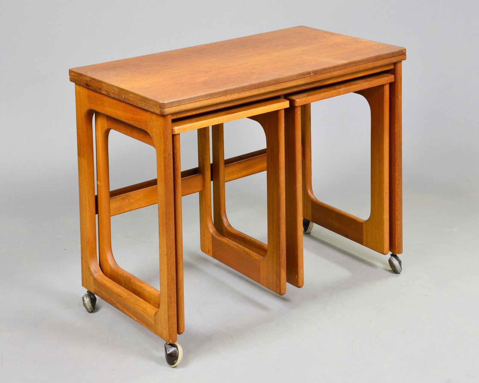 Mid Century Triform Flip Top Nest By McIntosh: Danish Modern Style Teak Triform Flip Top Nest by McIntosh - 25 tall x 30 x 17