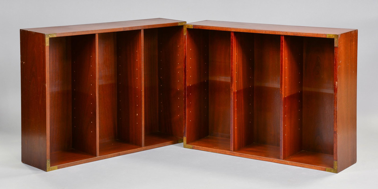 2 British Mahogany Campaign Style Bookshelves: 2 British Mahogany Campaign Style Bookshelves - 36 in tall x 27 x 10 - NO SHELVES