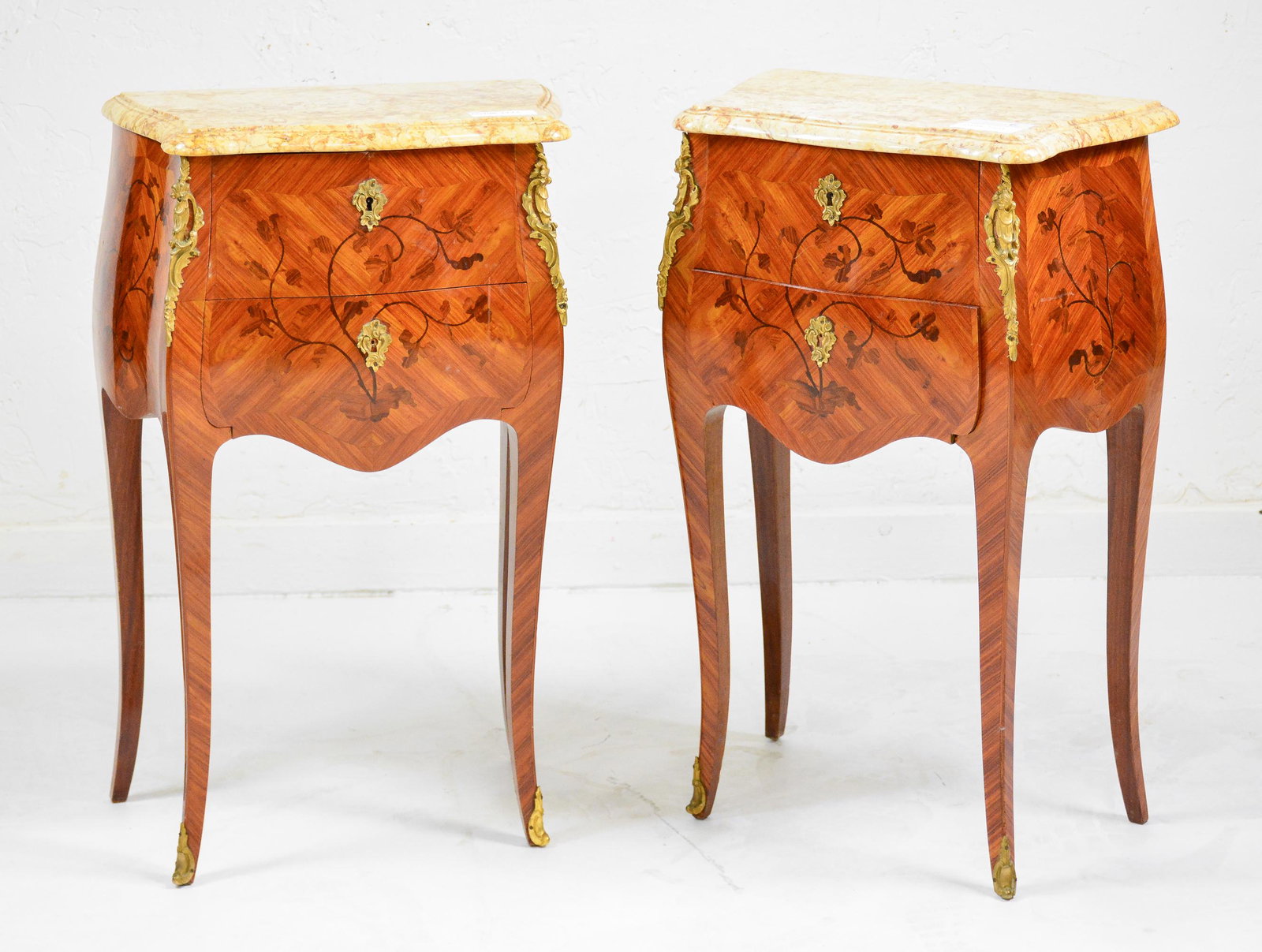 2 Louis XV Style Marble Top Occasional Chests: 2 French Louis XV Style Marble Top Inlaid Occasional Chests / Nightstands - 29 in tall x 19 x 12 each