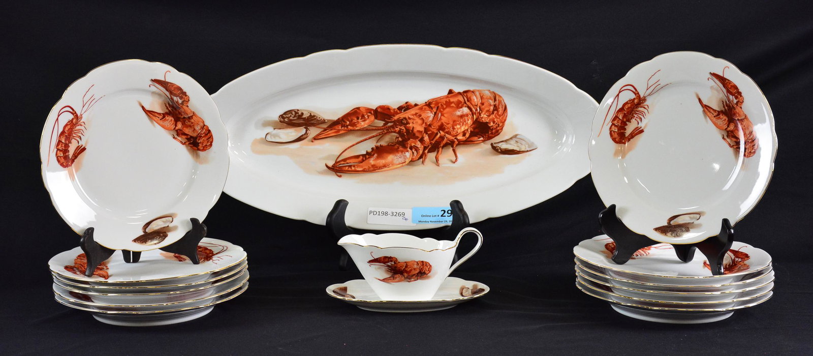 13pc Lobster Set - 1 Platter, 12 Plates & Gravy Boat: 13pc French Lobster Plate Set - 1 Platter, 12 Plates & Gravy Boat - Platter is 23 x 10