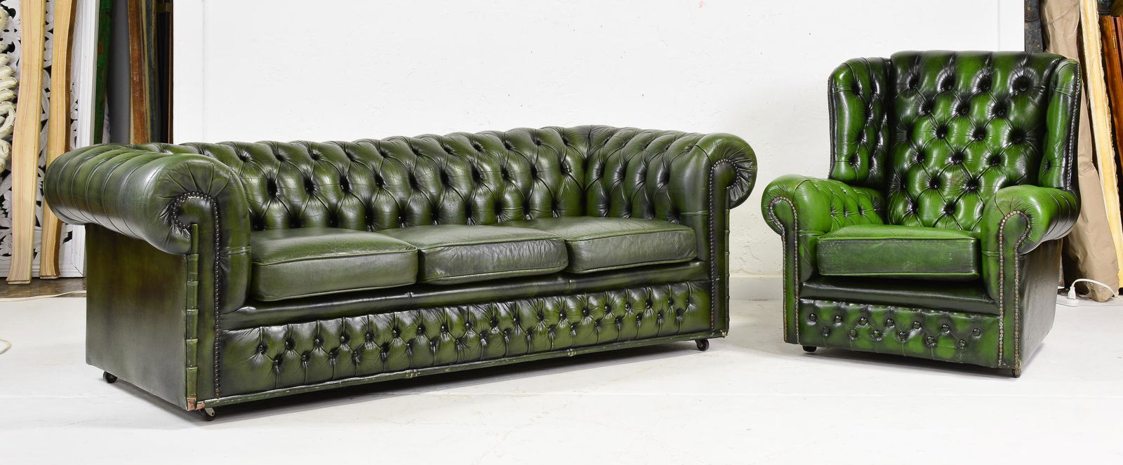 British Green Leather Chesterfield Sofa & Arm Chair (1 of 6)