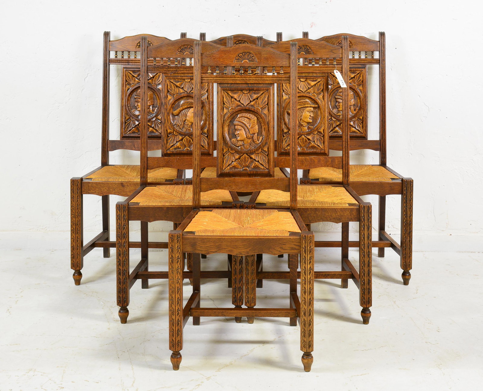 Set of 6 French Carved Oak Rush Seat Chairs: Set of 6 French Carved Oak Rush Seat Chairs - 43 in tall x 19 x 17