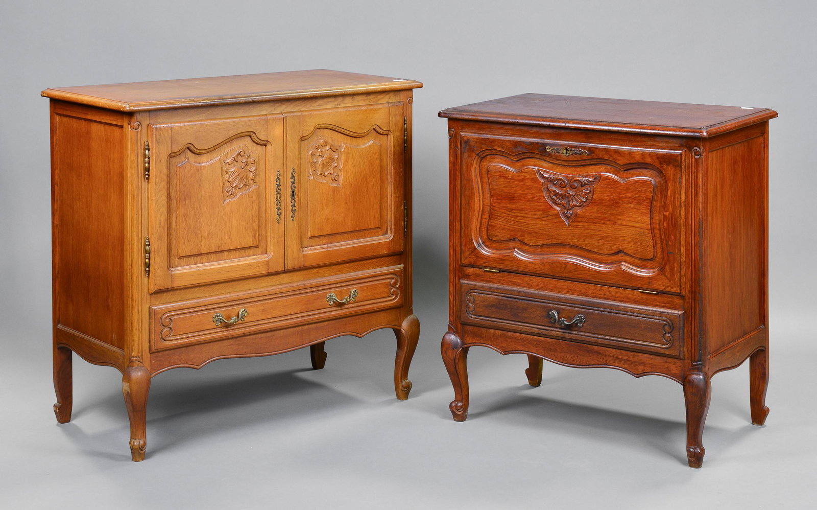 2 Louis XV Style Carved Oak Occasional Cabinets: 2 French Louis XV Style Carved Oak Occasional Cabinets - 34 in tall x 35 x 18 and 32 in tall x 29 x 18