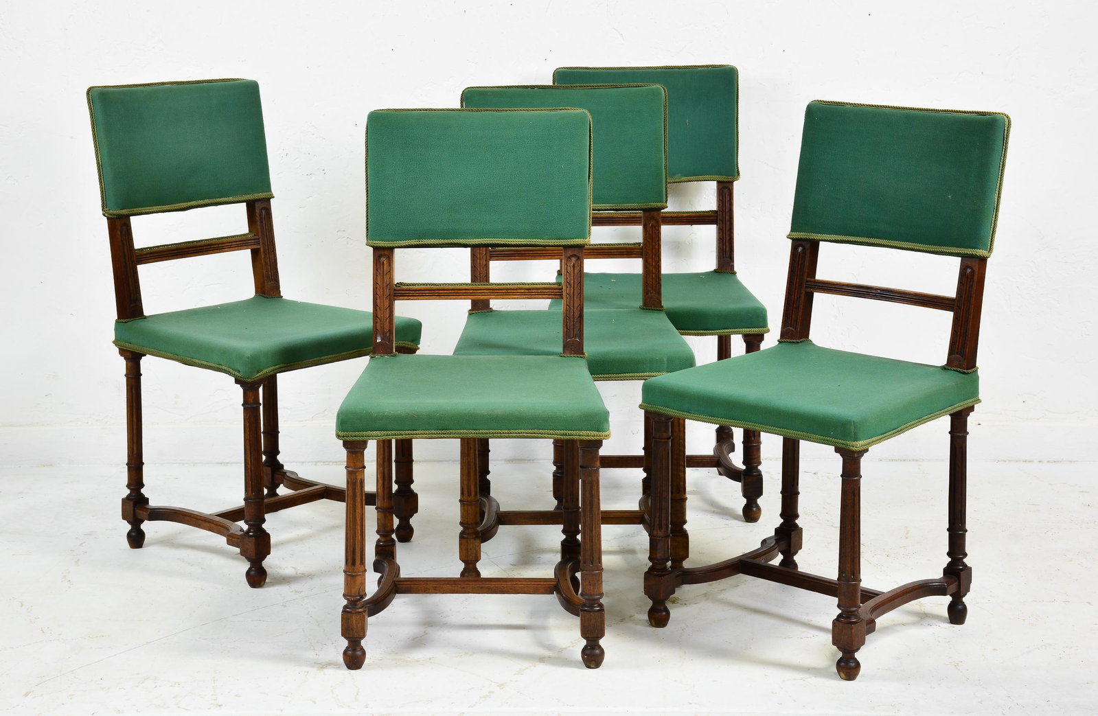 5 Louis XVI Style Green Upholstered Chairs: 5 French Louis XVI Style Green Upholstered Chairs - 35 in tall x 17 x 16