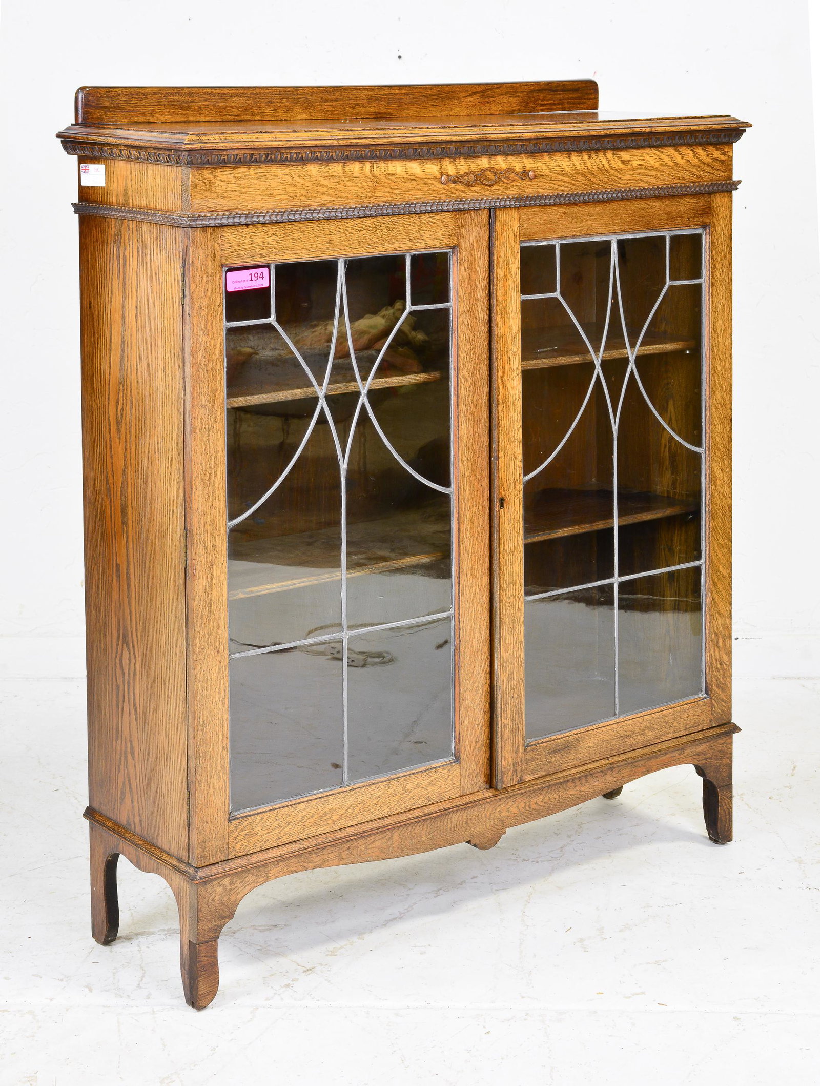 British Oak Leaded Glass Double Door Bookcase (1 of 2)