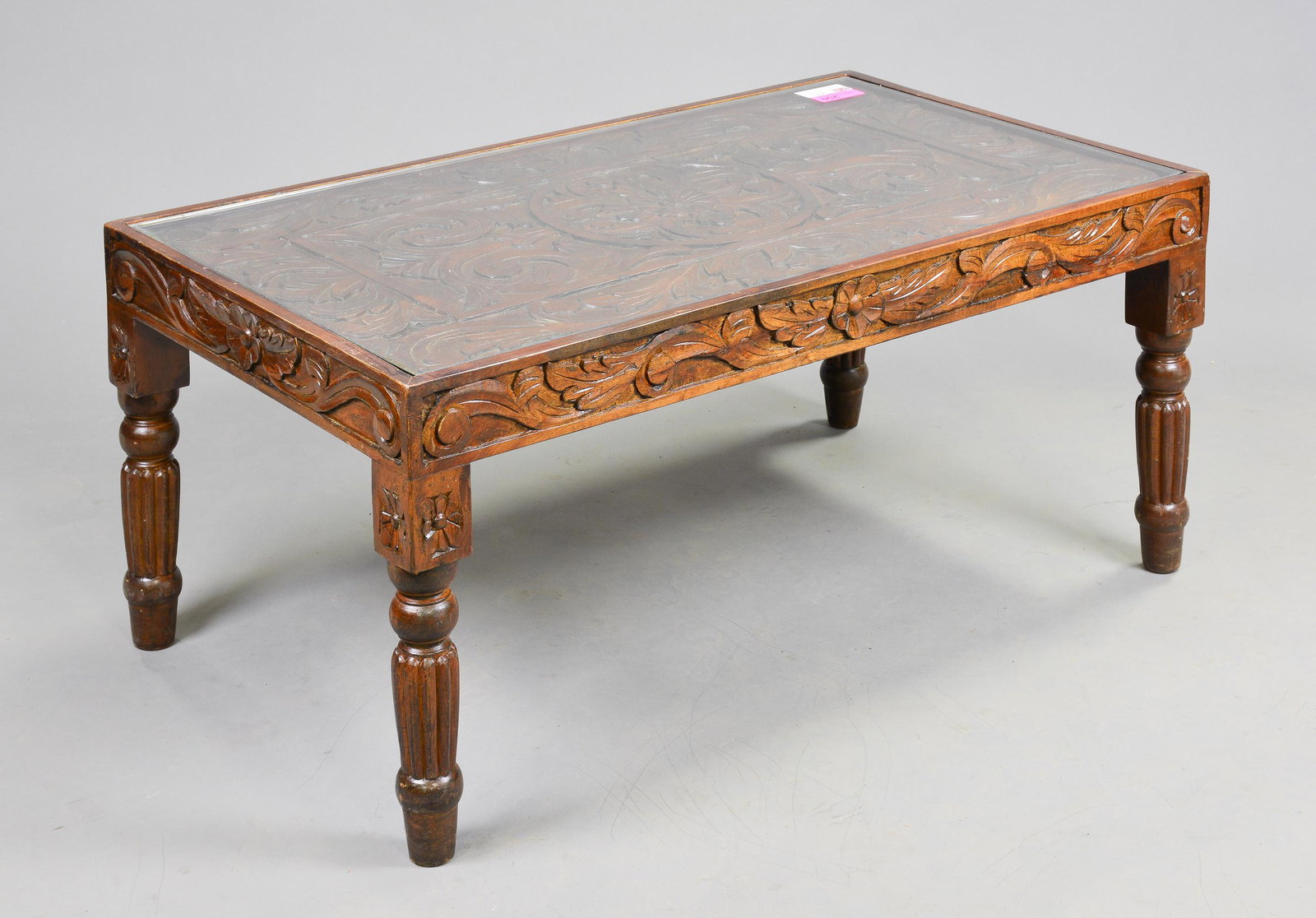 British Carved Oak Glass Top Coffee Table (1 of 3)