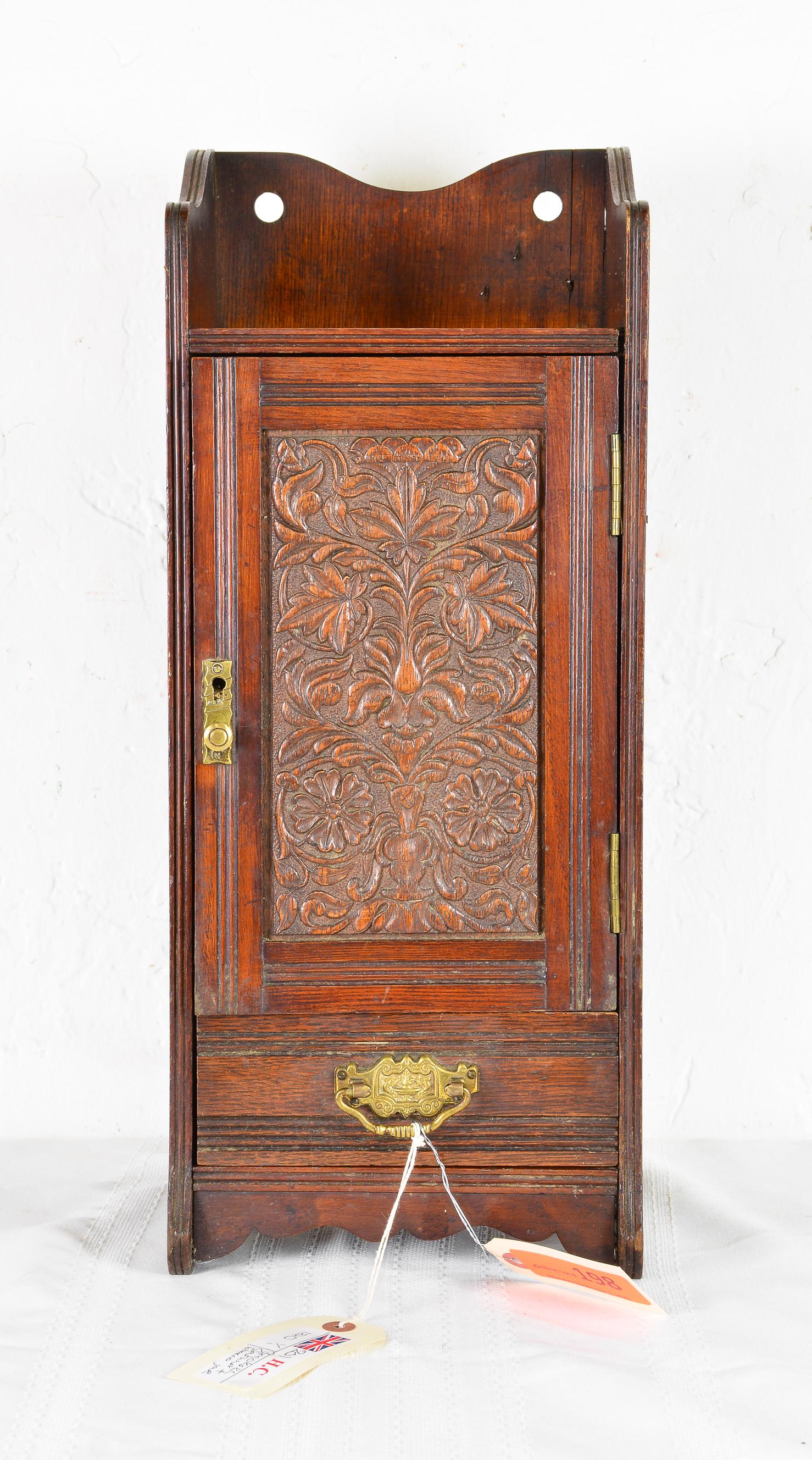 British Carved Oak Smokers Box With Jar: British Carved Oak Smokers Box With Jar - 21 in tall x 7 x 9