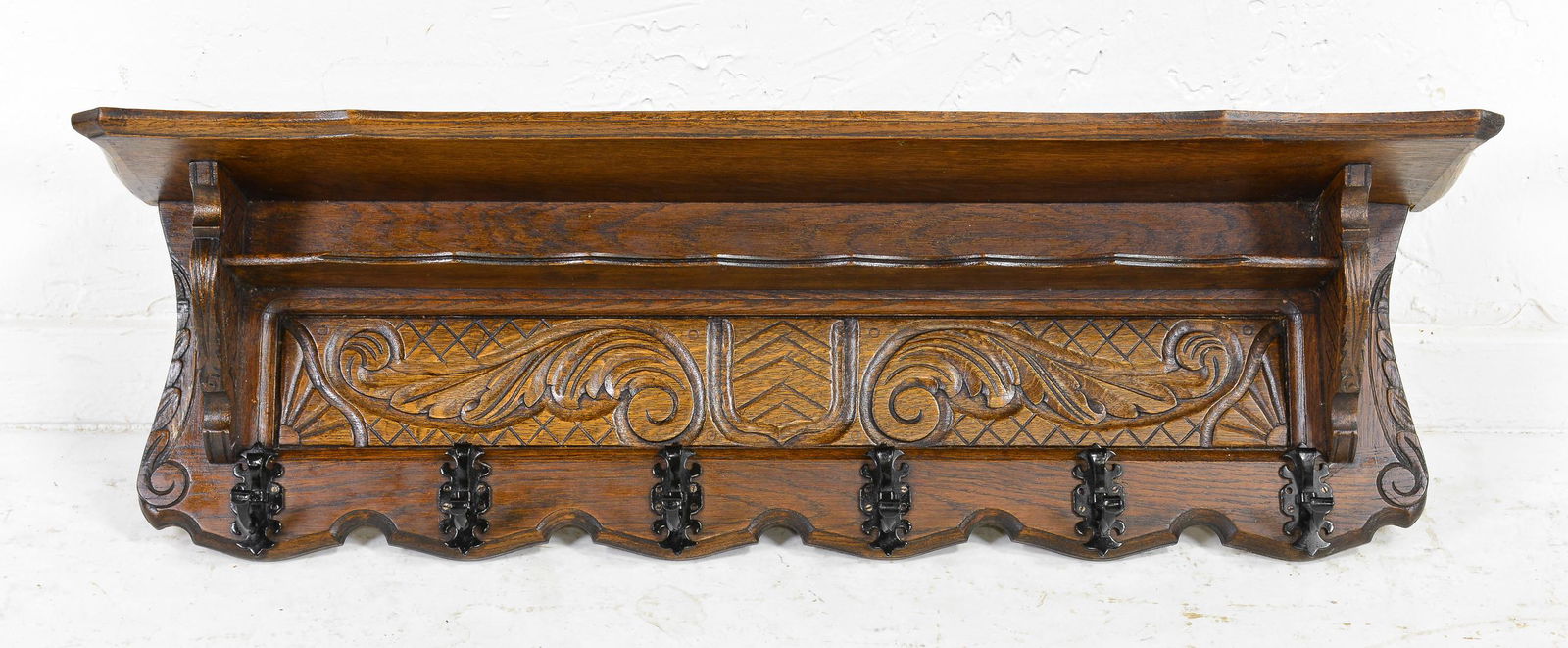 Carved Oak Wall Shelf with Iron Hooks (1 of 3)