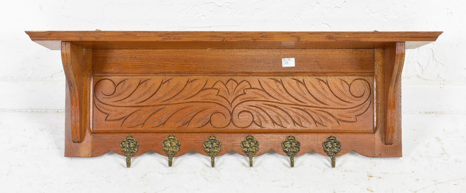 Carved Oak Wall Shelf with Hooks (1 of 2)