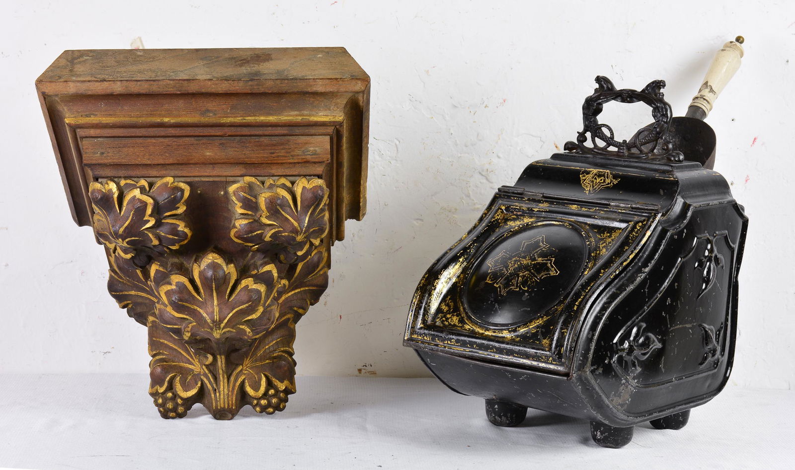 Painted Coal Hod & Carved Hanging Corner Shelf (1 of 3)