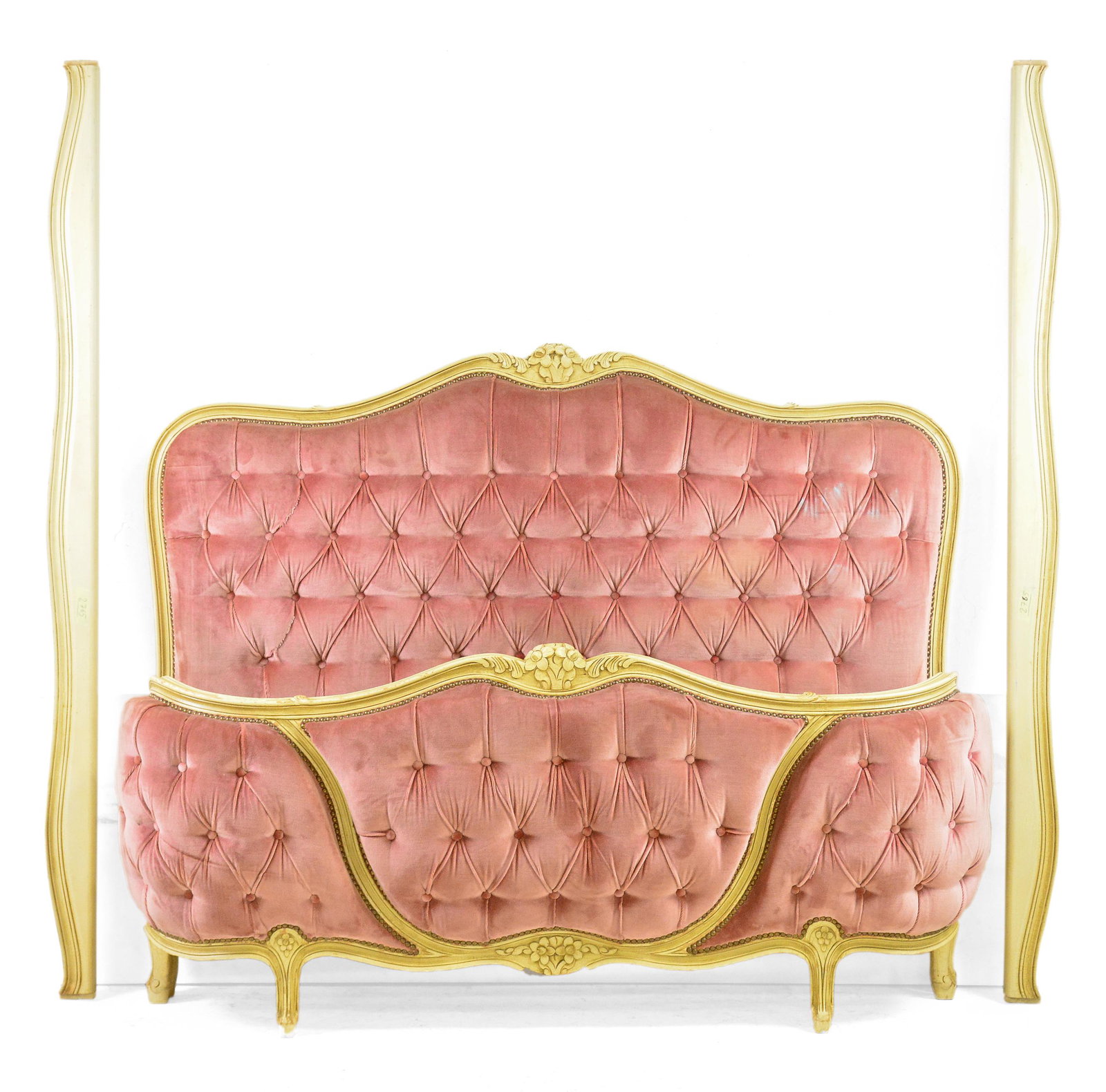 Louis XV Style Painted Upholstered Bed with Rails: Louis XV Style Painted Upholstered Bed with Rails - Headboard is 49 in tall x 60 x 4, Rails are 68 in long each - This bed is a European Size which can easily be converted to an American size by remov