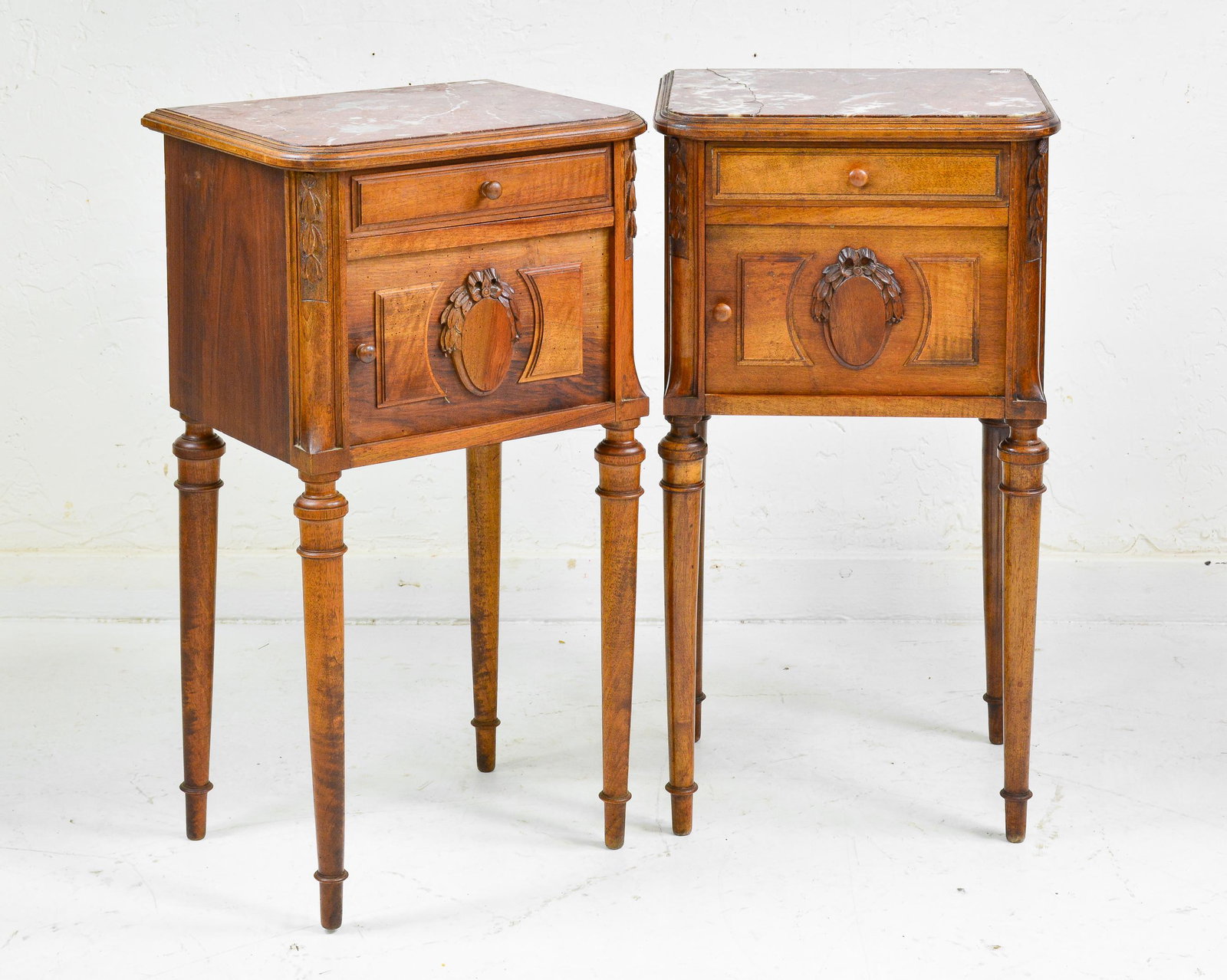 2 Louis XVI Style Marble Top Nightstands c.1900: 2 Louis XVI Style Marble Top Nightstands c.1900 - 32 in tall x 18 x 15