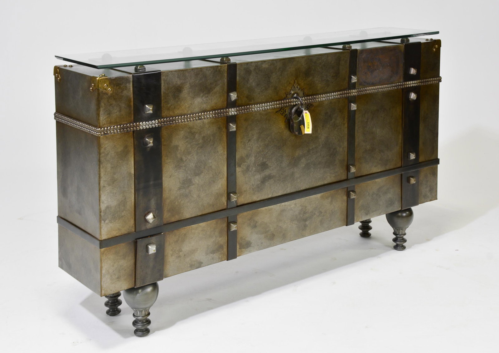 New Item, Viaje Metal Glass Top Console: New Item, Viaje Metal Glass Top Console - 37 in tall x 63 x 13