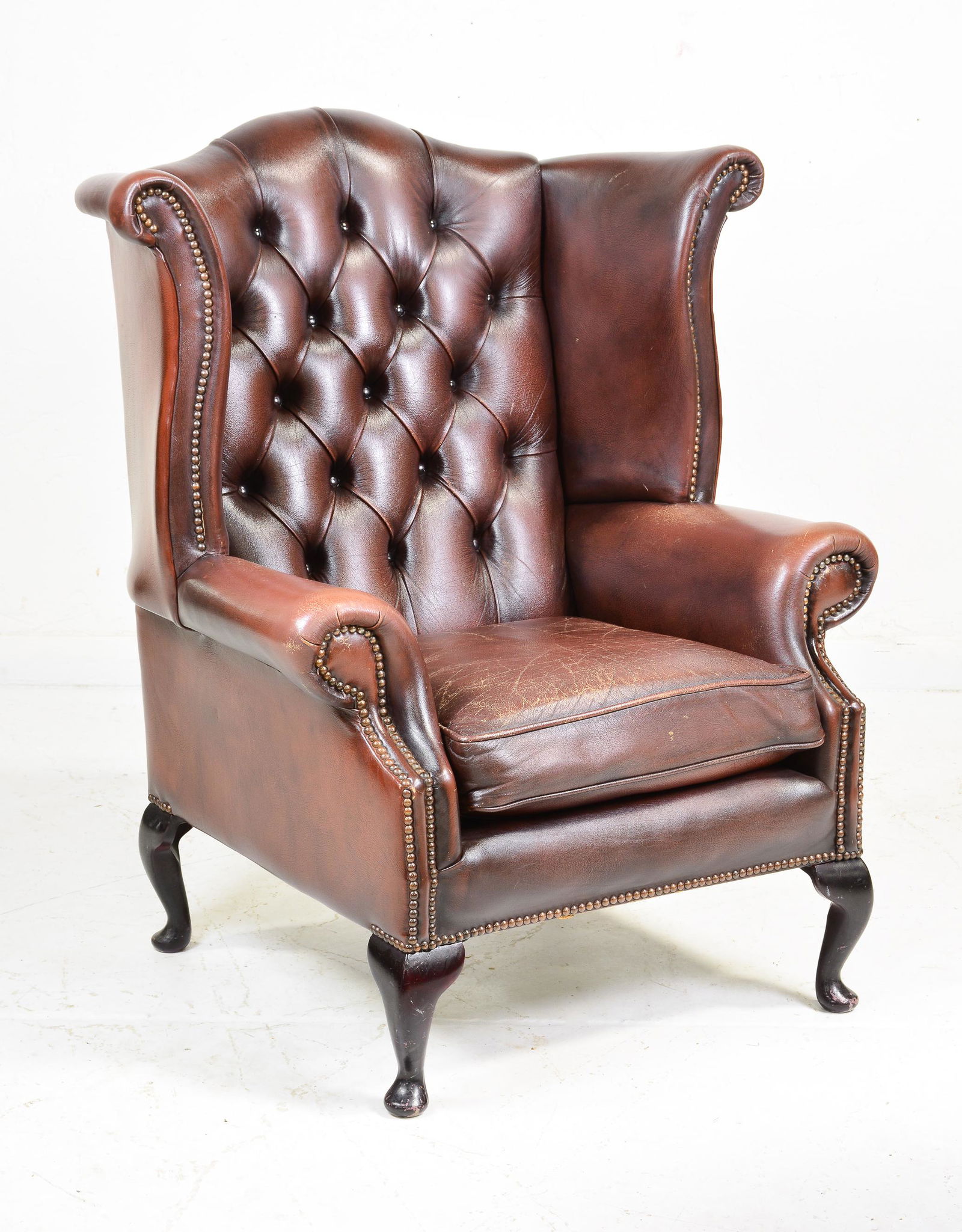 British Brown Leather Wing Back Arm Chair (1 of 4)
