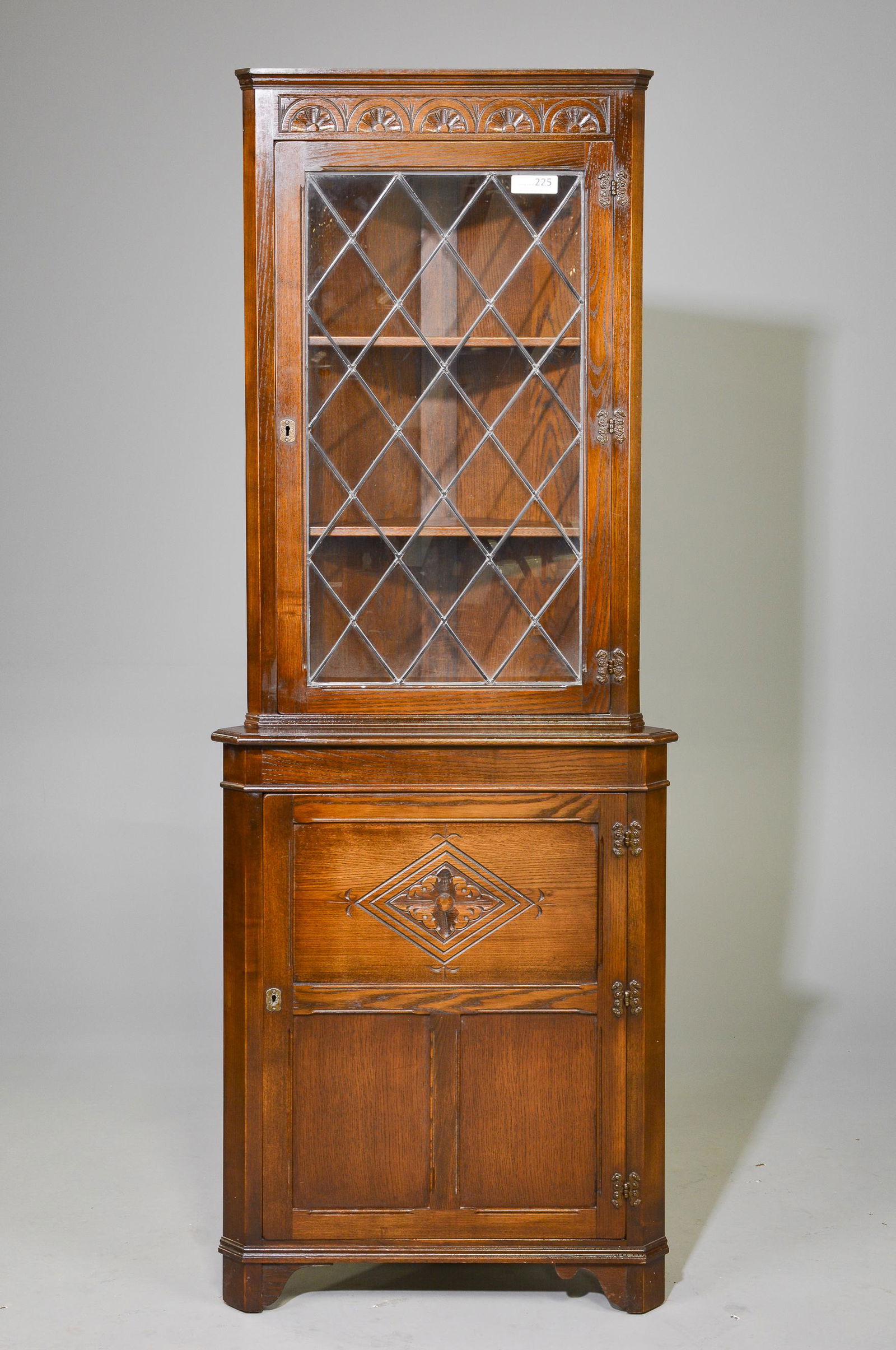 British Oak Leaded Glass Corner Cabinet (1 of 3)