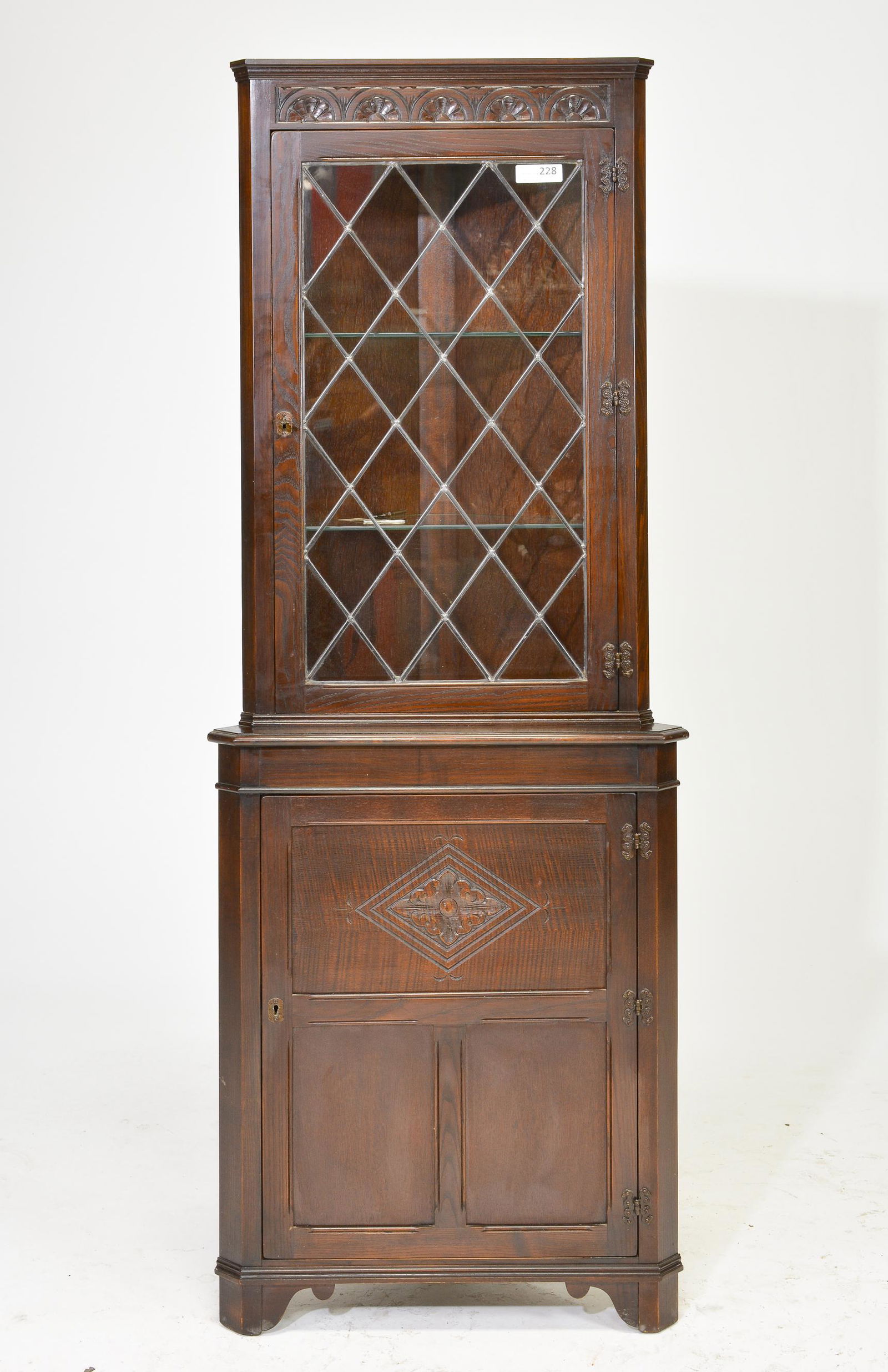 British Oak Leaded Glass Corner Cabinet (1 of 3)