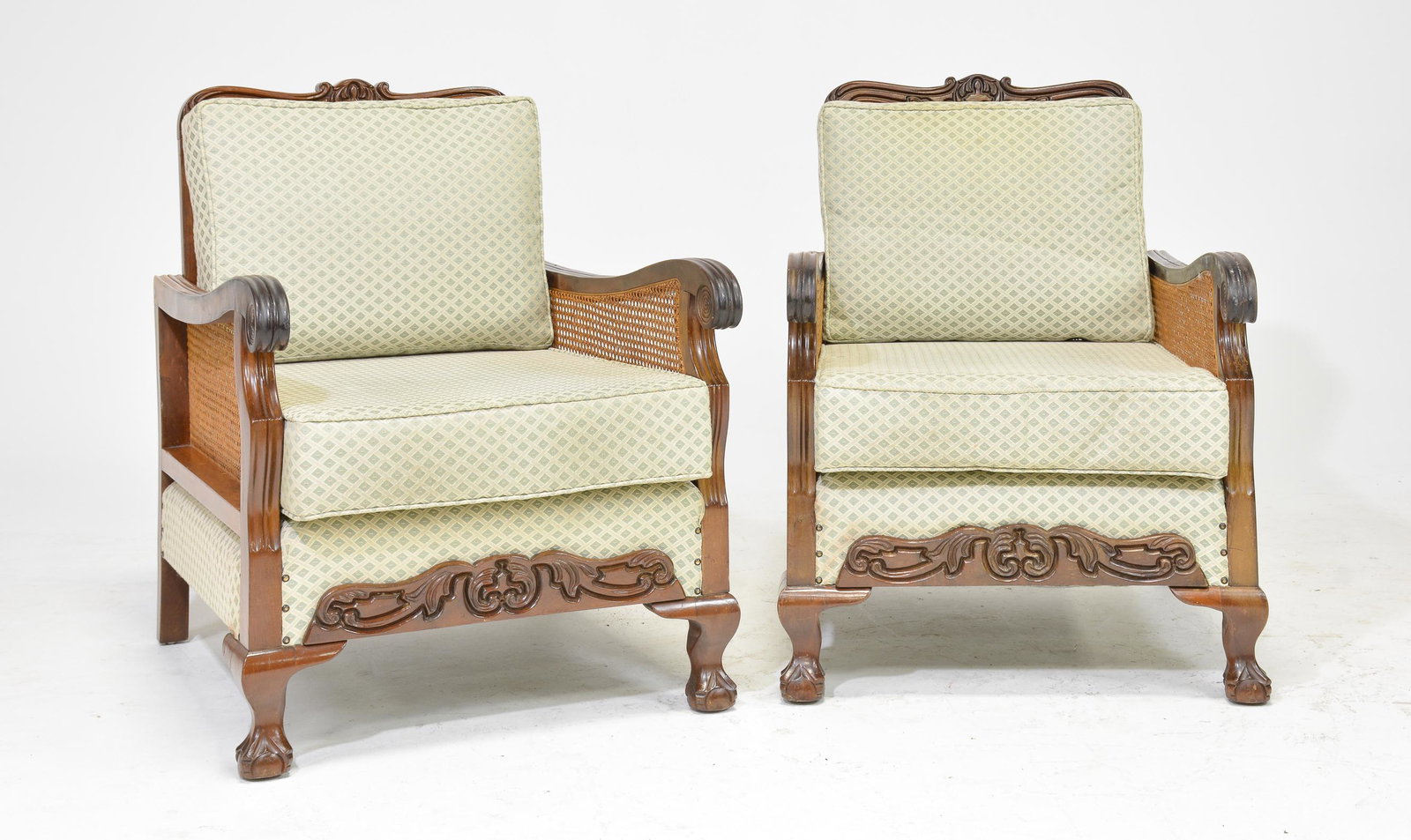 Edwardian Pair of Bergere Library Chairs: Edwardian Pair of Mahogany Bergere Library Chairs - 34 in tall x 26 x 34