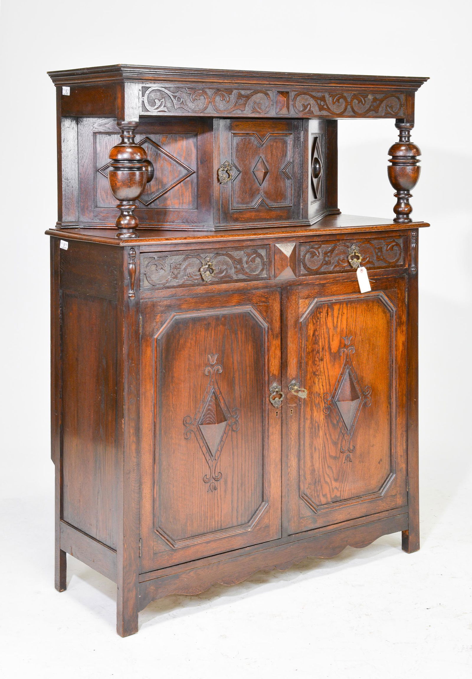 British Carved Oak Court Cupboard c.1920 (1 of 3)