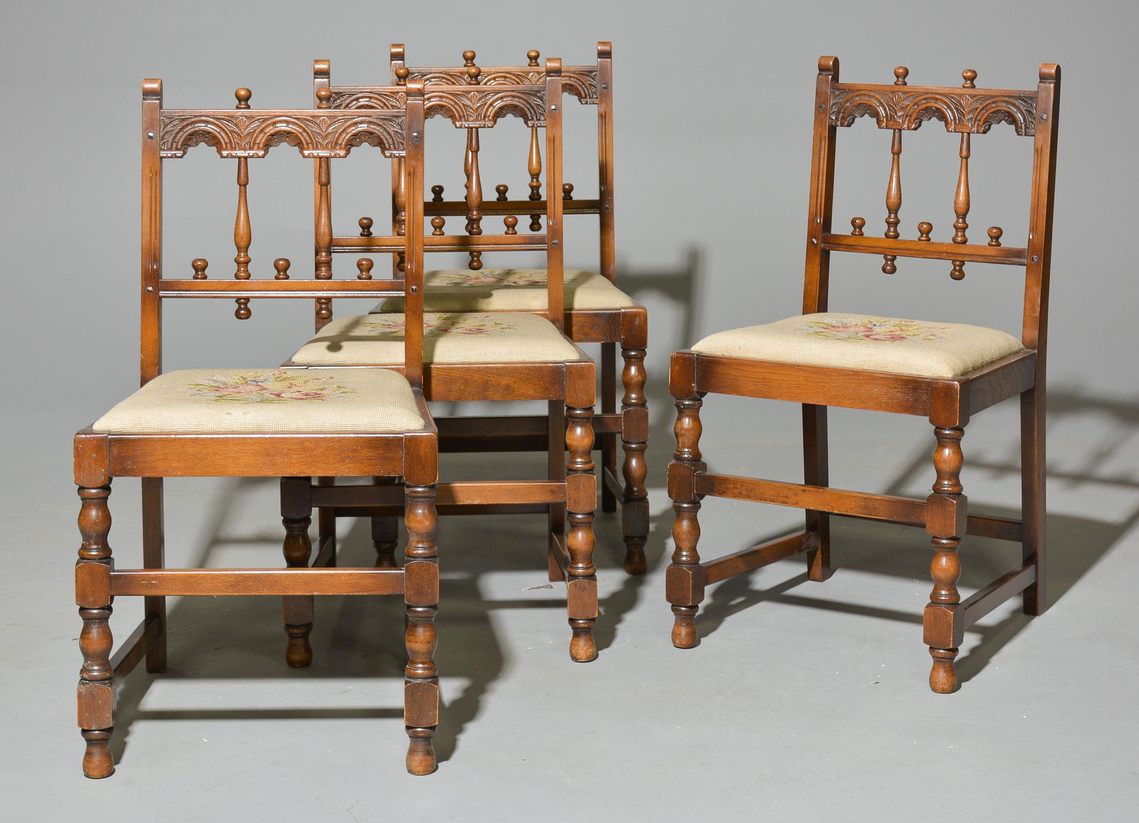 4 British Carved Oak Needlepoint Seat Chairs (1 of 3)