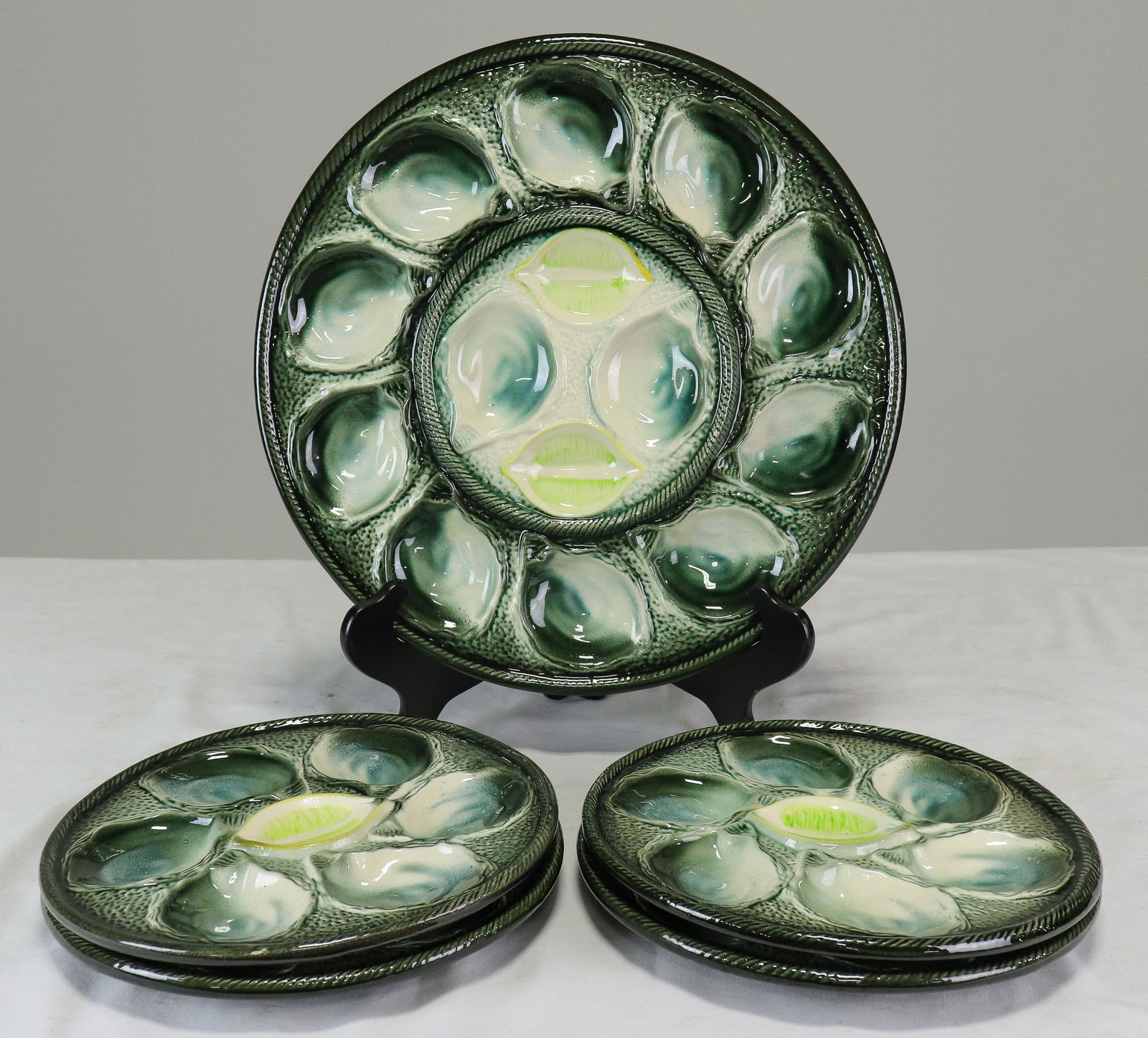 5pc French Green Barbotine Oyster Plate Set (1 of 4)