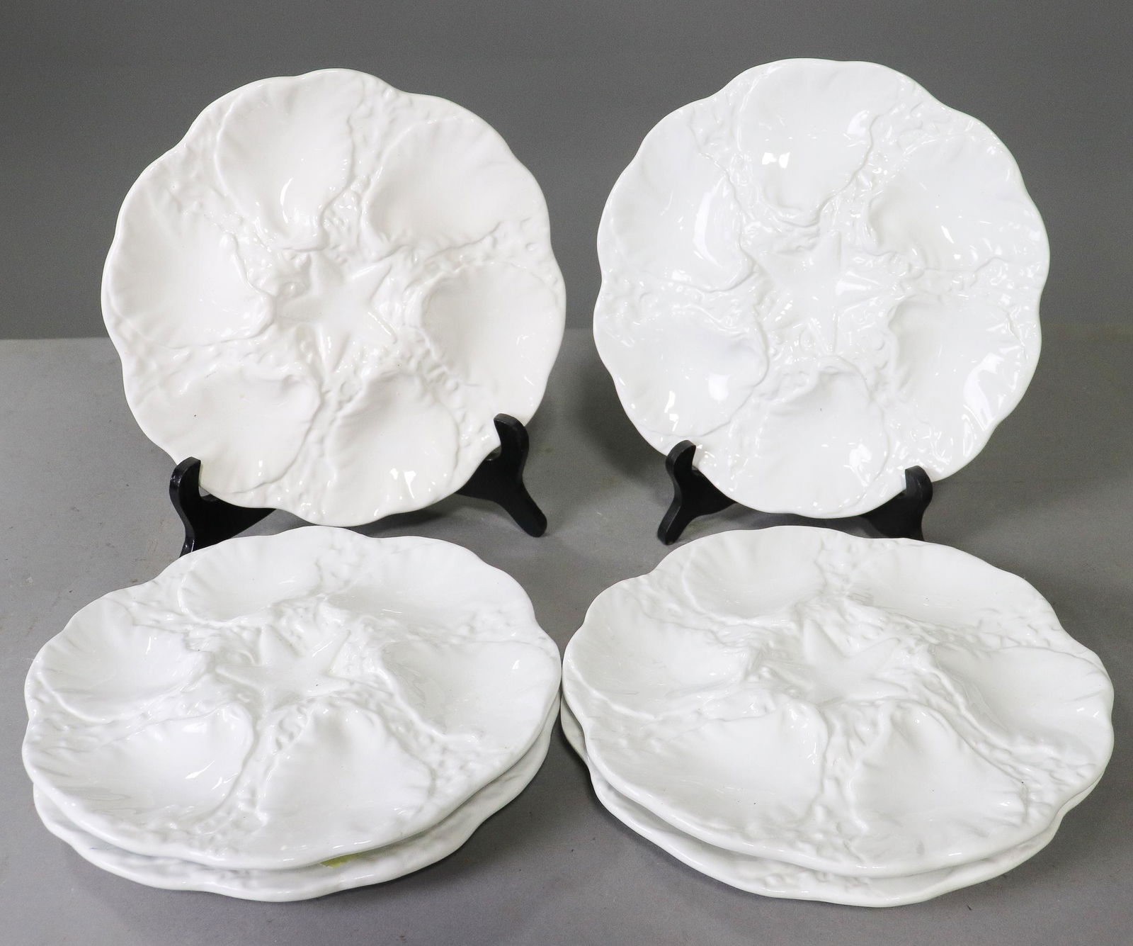 6 French White Barbotine Oyster Plates (1 of 3)
