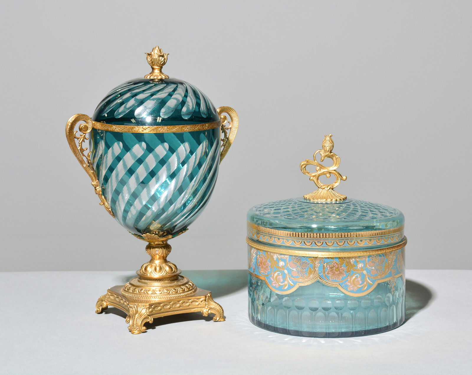 2 Blue Cut Glass Jars / Lidded Box with Brass (1 of 4)