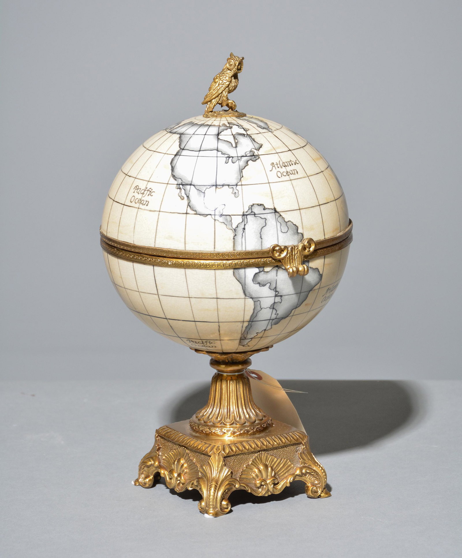 Porcelain & Brass Globe Box with Owl Figure (1 of 3)