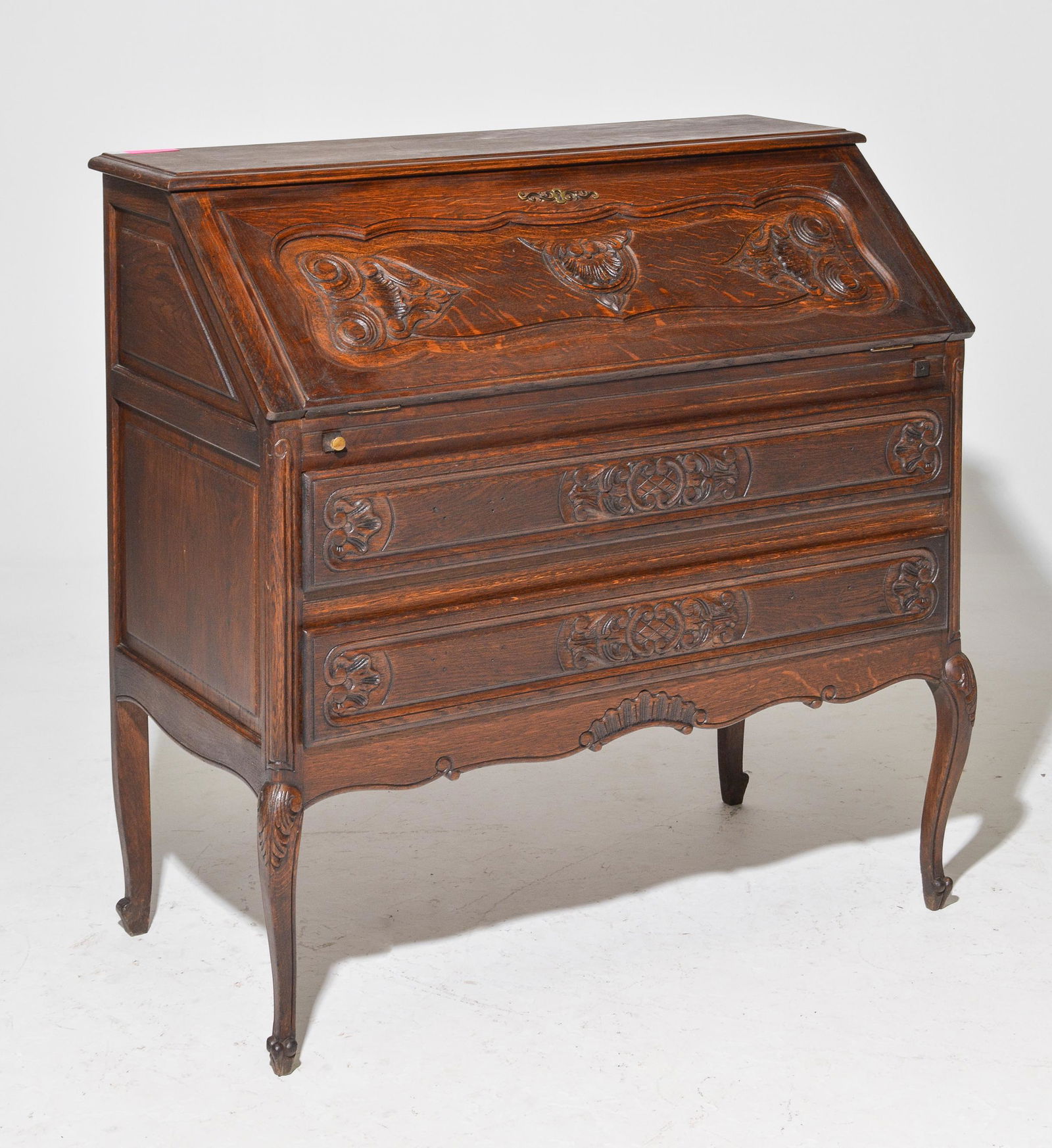 Louis XV Style Dark Oak 2 Drawer Drop Front Desk (1 of 4)