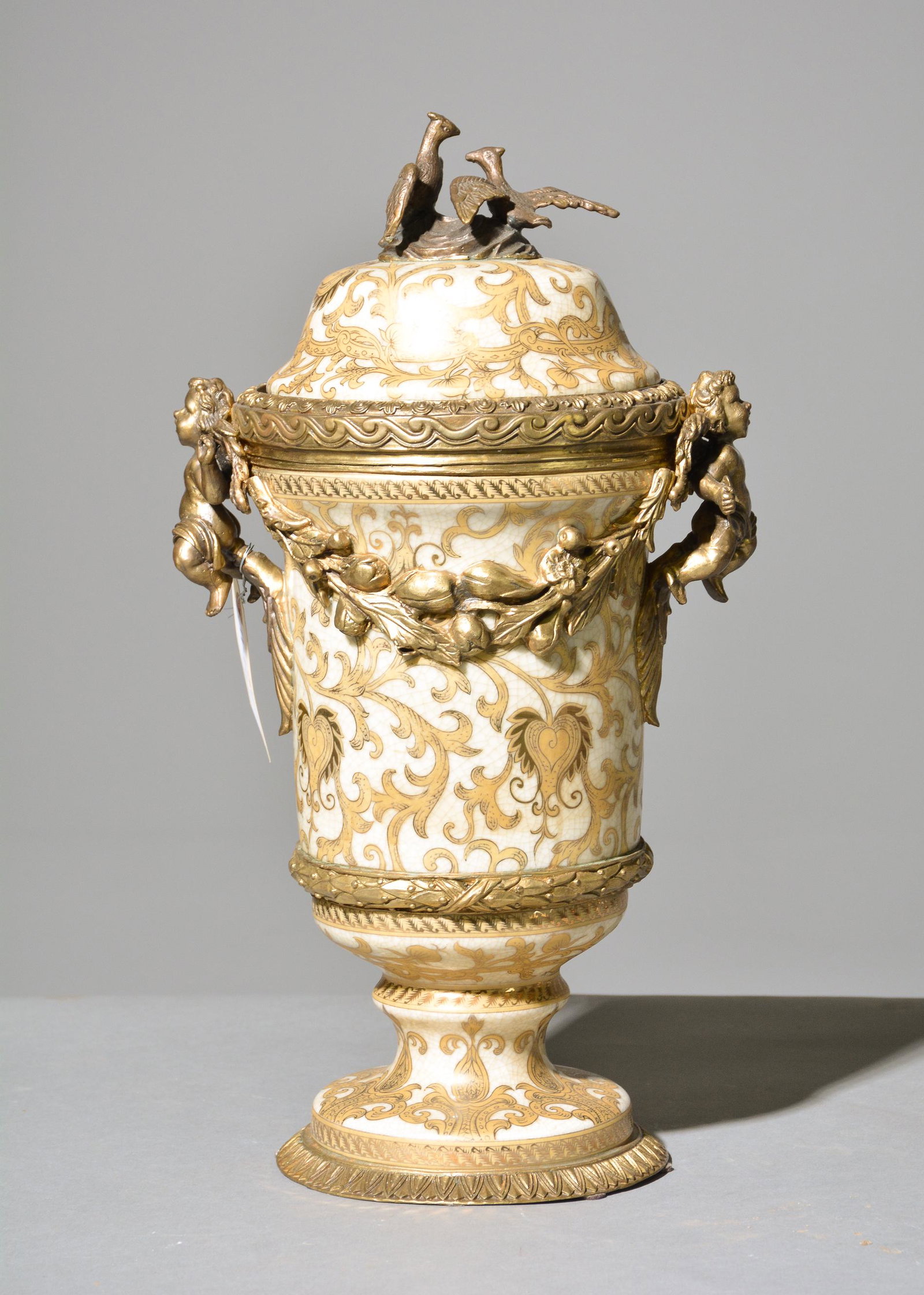 Cream / Gold Urn With Bronze Ormolu: Cream / Gold Urn With Bronze Ormolu - Full Figural Cherubs - 18 in tall x 11 x 8