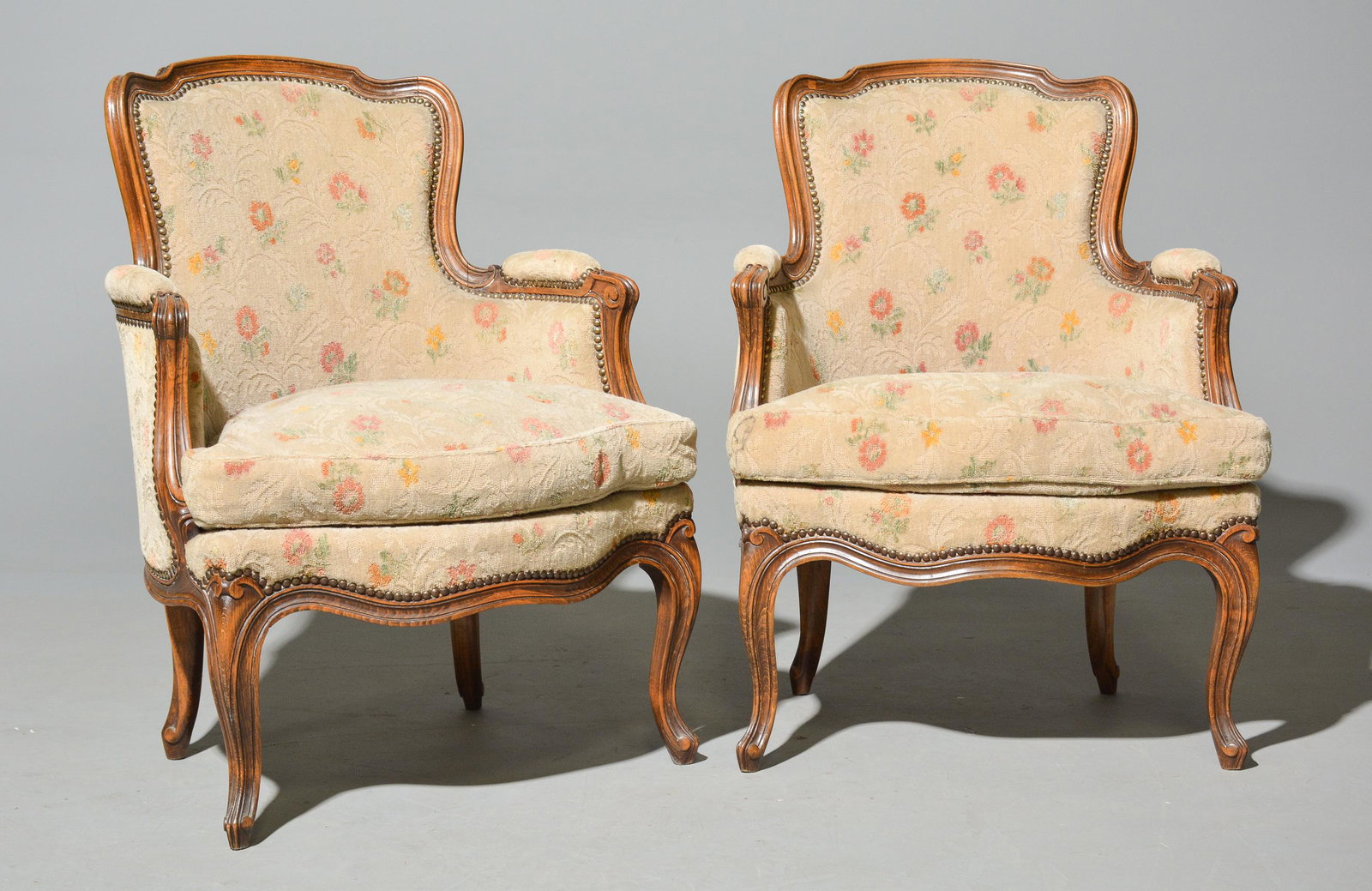 2 Louis XV Style Floral Upholstered Bergere Chairs: 2 French Louis XV Style Floral Upholstered Bergere Chairs - 33 in tall x 25 x 26, Seat height is 18 inches