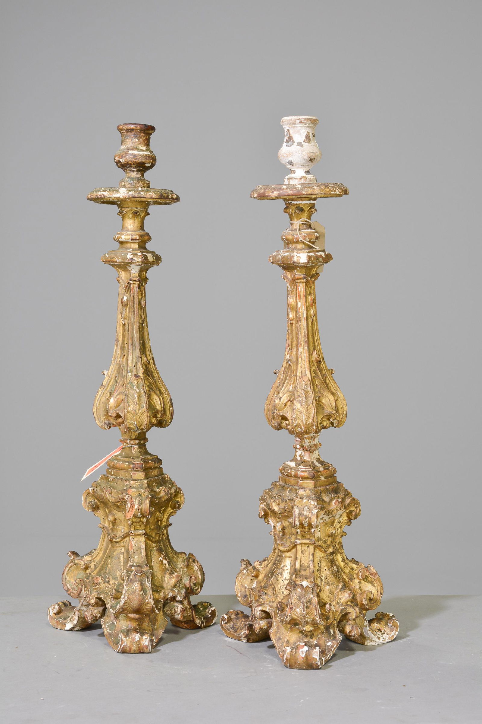 2 Italian Antique Gilt Candlesticks c.1780: 2 Italian Antique Gilt Candlesticks c.1780 - 28 in tall x 10 x 10