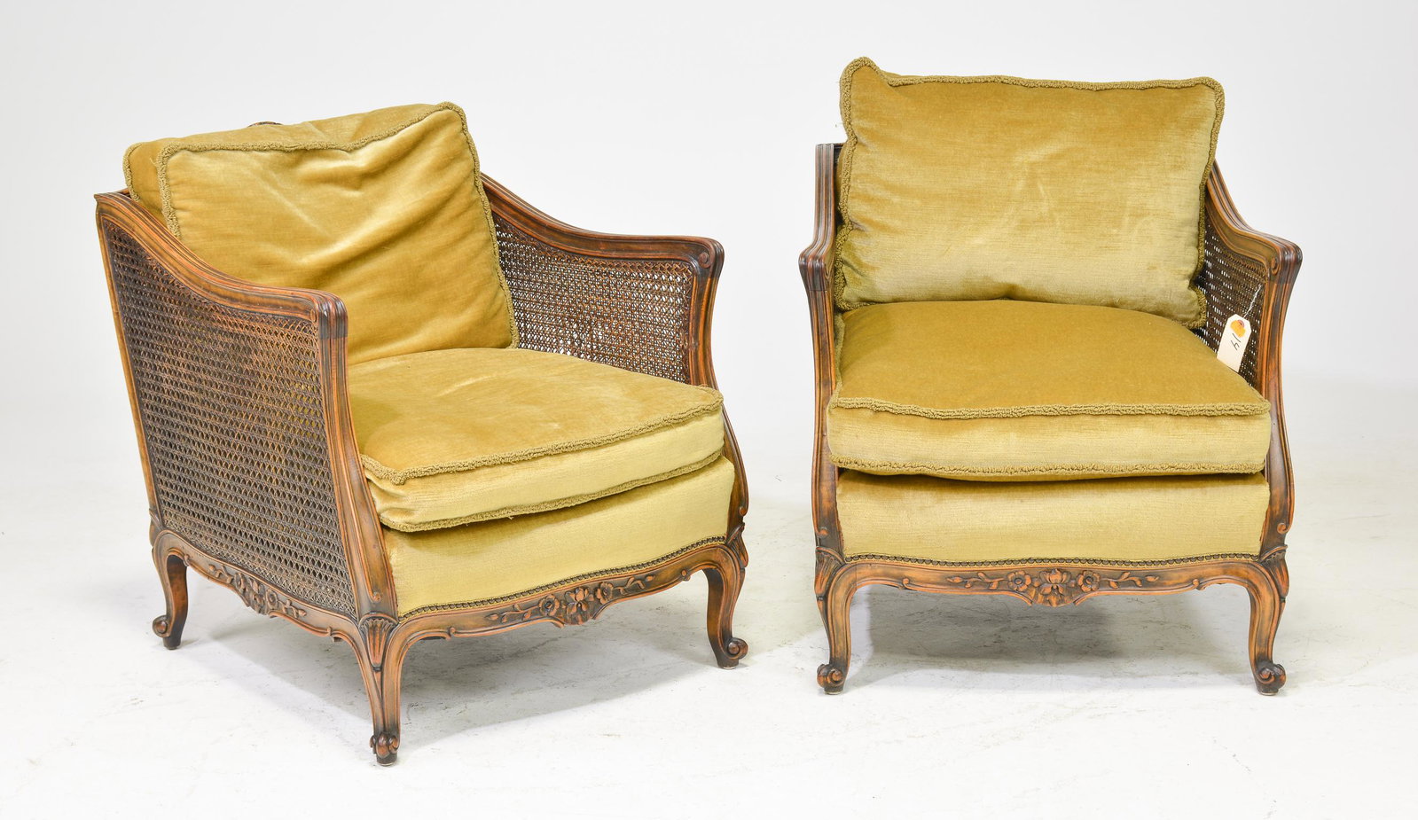 Louis XV Style Pair of Bergere Chairs: French Louis XV Style Pair of Bergere Chairs - 32 in tall x 28 x 35