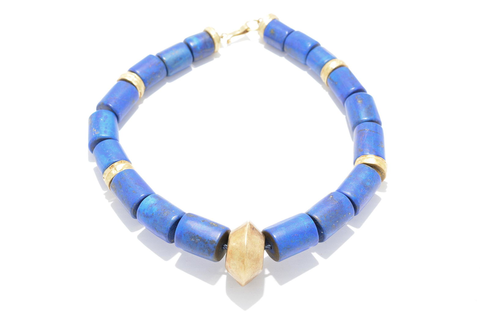 Large Tubular Lapis Beaded Necklace / 18K Yellow Gold (1 of 3)