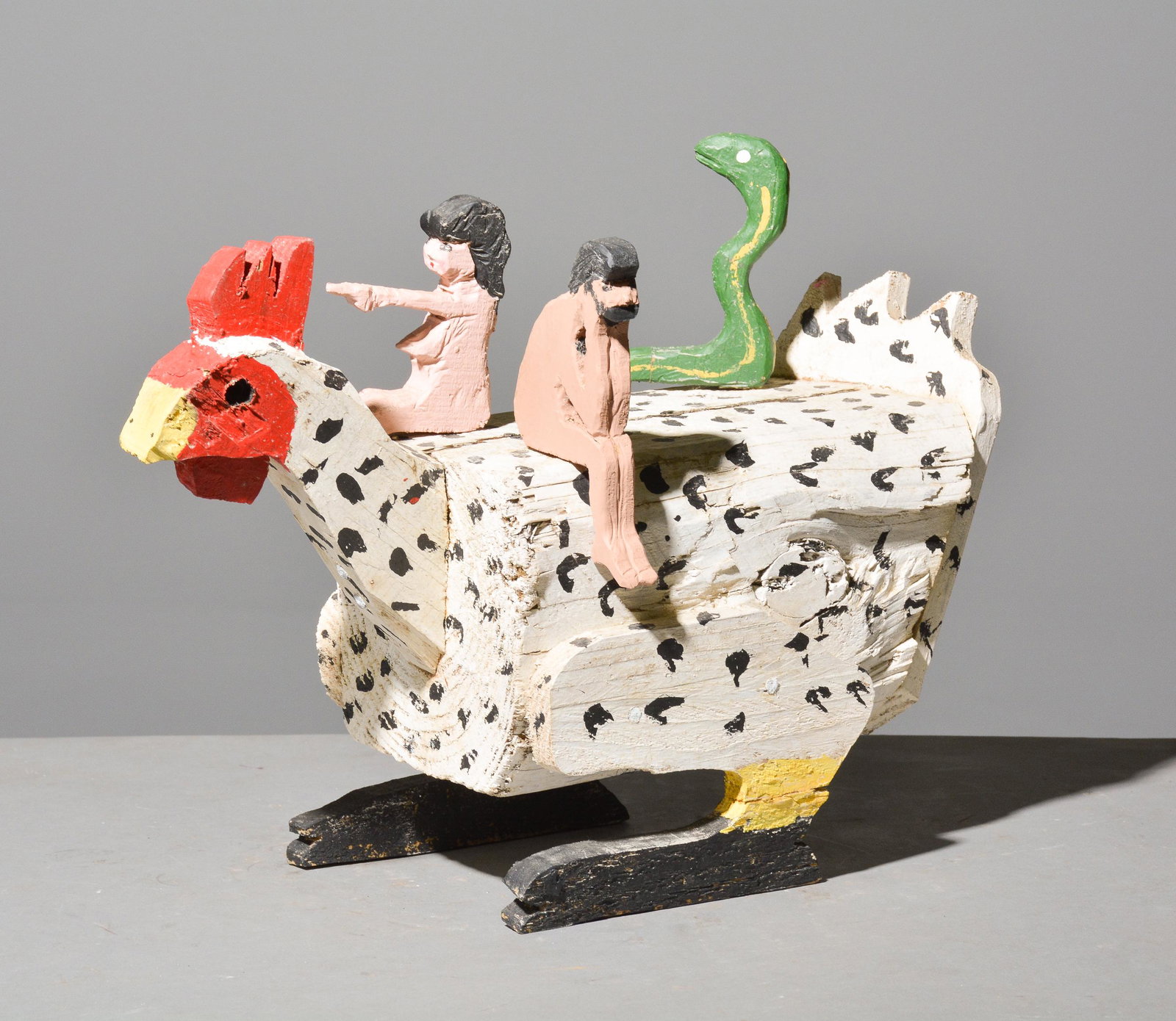 Adam & Eve with Serpent on Chicken: Adam & Eve with Serpent on Chicken - Possibly by Jerry Stallings- 14 in tall x 19 x 9