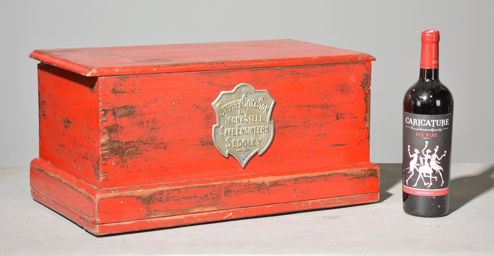 Red Painted Stephen Cox & Son Lift Top Box: Red Painted Stephen Cox & Son Lift Top Box - 11 in tall x 20 x 12