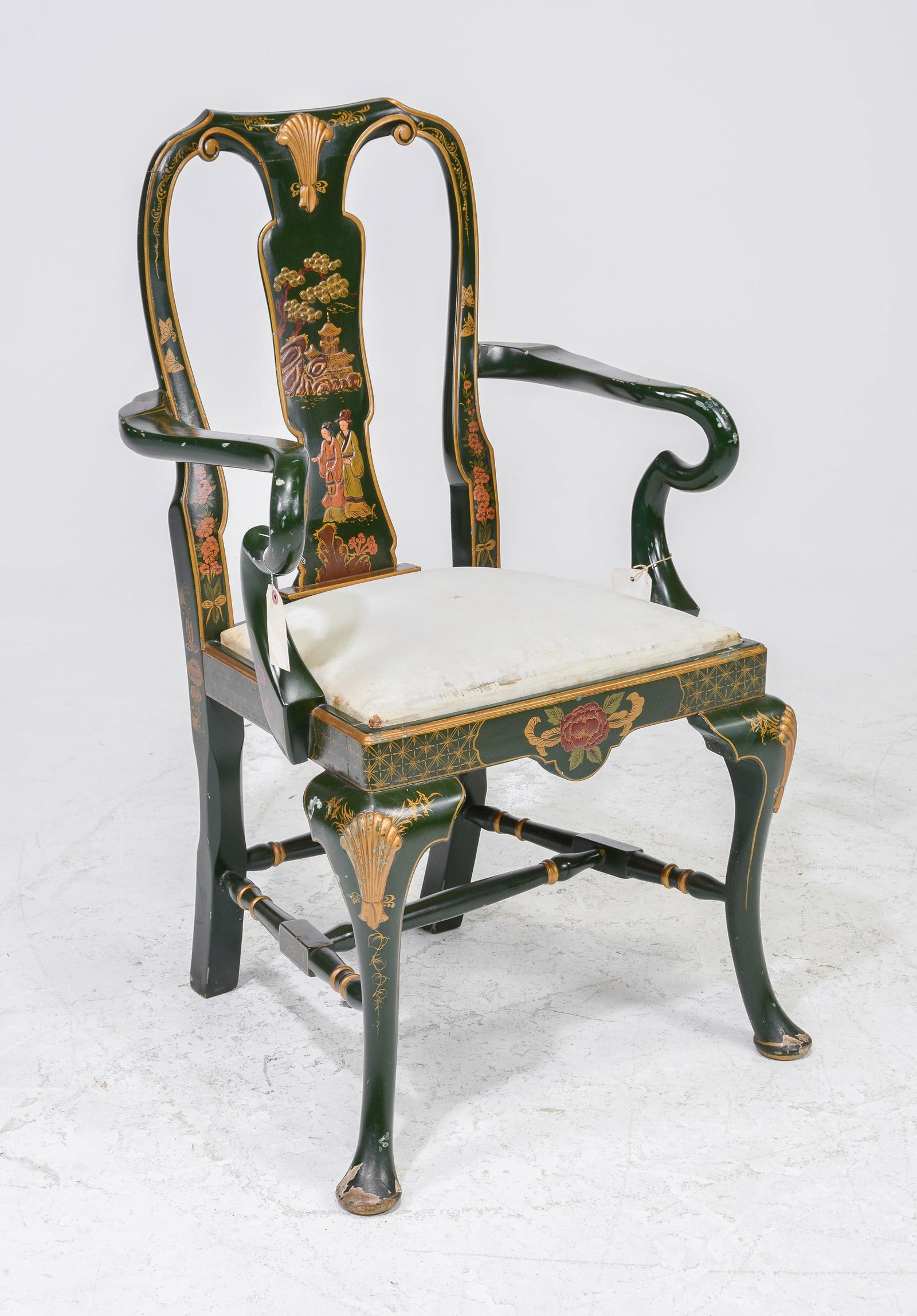 Green / Gold Gilt Asian Painted Arm Chair: Green / Gold Gilt Asian Painted Arm Chair - 41 in tall x 24 x 21