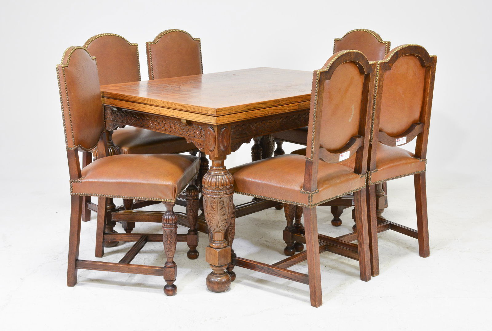 British Carved Oak Table & 6 Leather Chairs (1 of 7)
