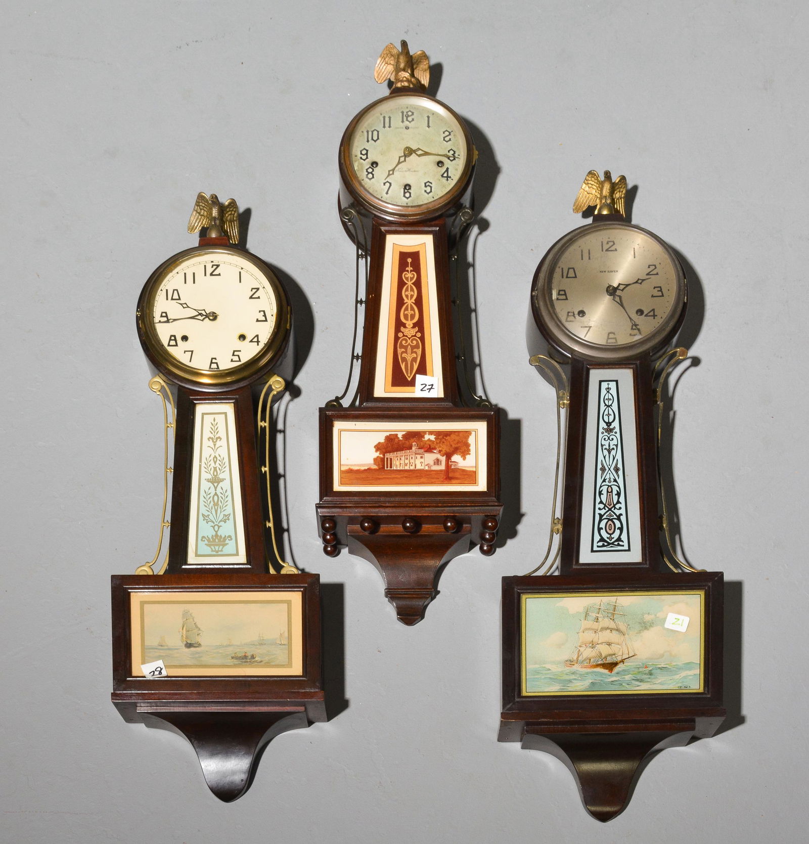 3 New Haven Mahogany Cased Wall Clocks (1 of 7)