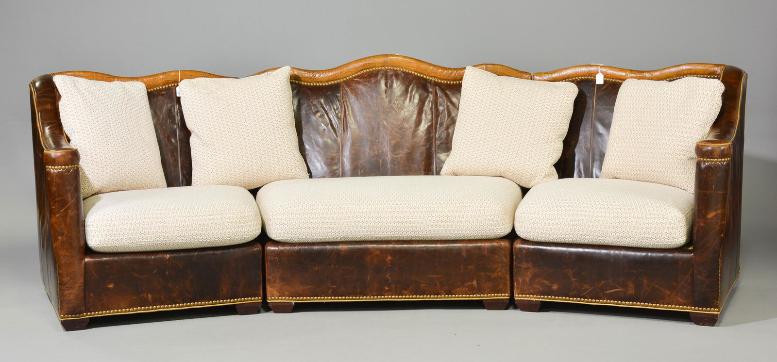 Whittemore Sherrill Leather & Designer Fabric Sofa: Whittemore Sherrill Leather & Designer Fabric 3 Piece Sectional Sofa - Top leather is alligator embossed and has nail head trim. - 45 in tall x 136 x 41, Seat height is 19 inches