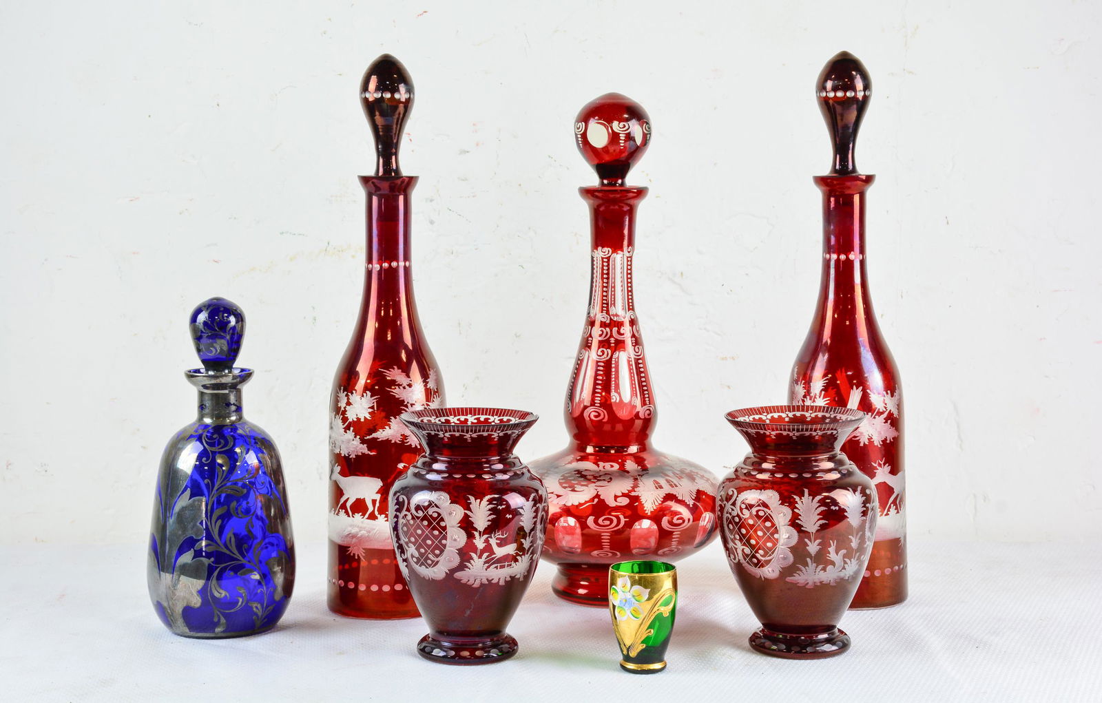 7pcs - Etched Bohemian Glass Decanters, Vases, Etc. (1 of 5)