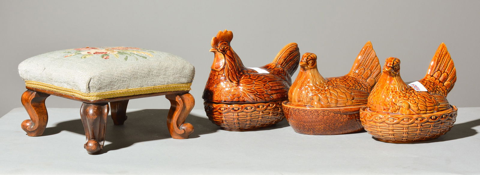 3 Nesting Chickens & 1 Needlepoint Stool (1 of 5)