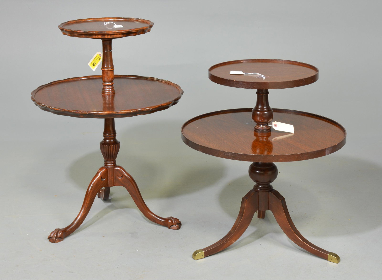 Chippendale & Duncan Phyfe Style Dessert Tables: 1 Chippendale Style & 1 Duncan Phyfe Style Dessert / Occasional Tables c.1900 to 1920 - 34 in tall x 25 inch diameter and 28 in tall x 25 inch diameter