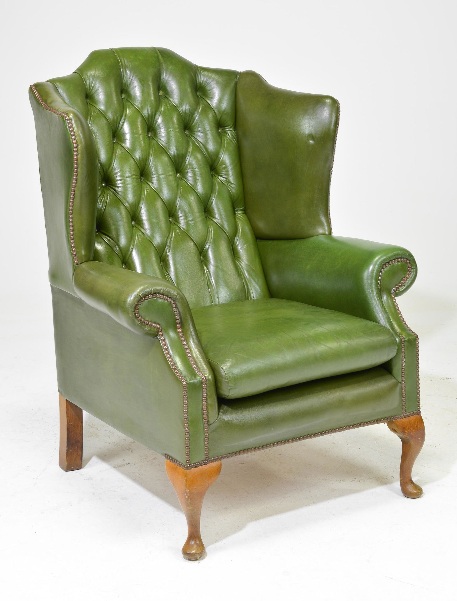 British Green Leather Wing Back Arm Chair (1 of 5)