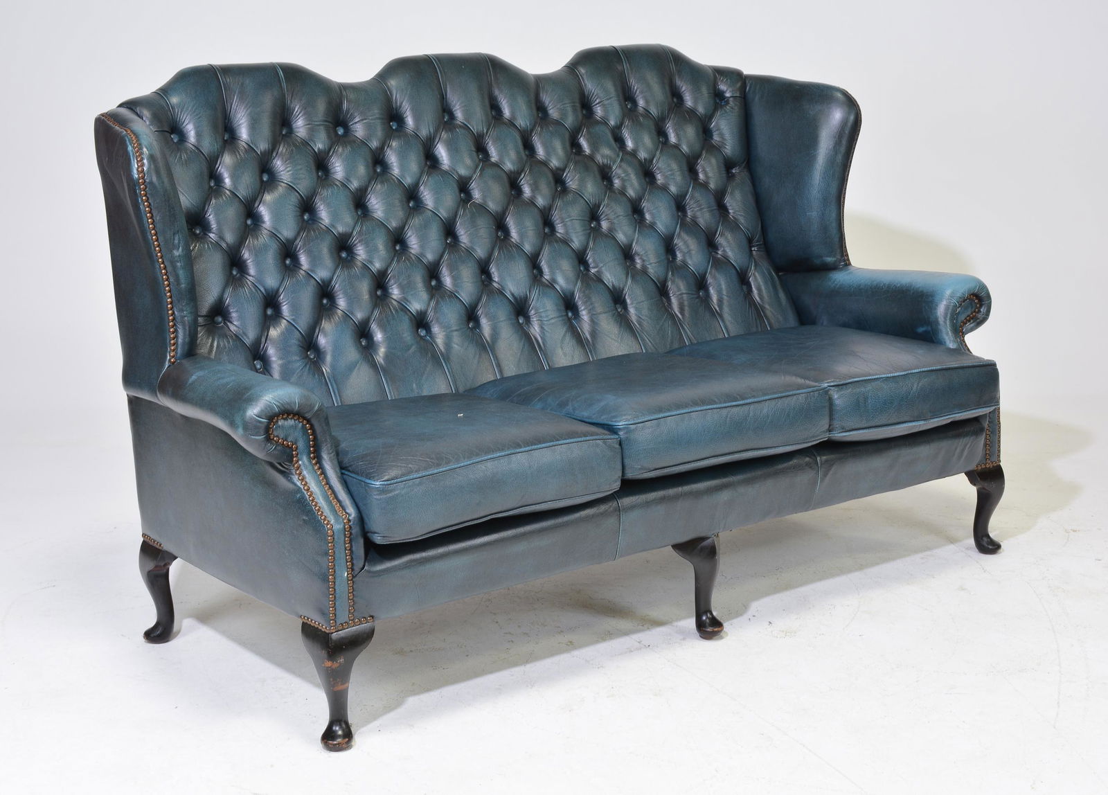British Blue Leather High Back Chesterfield Sofa (1 of 9)