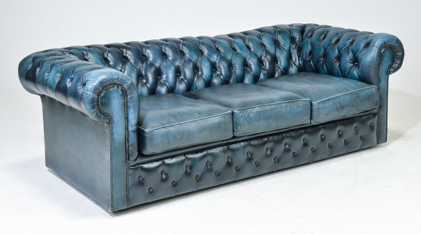 British Blue Leather Chesterfield 3 Seater Sofa (1 of 7)