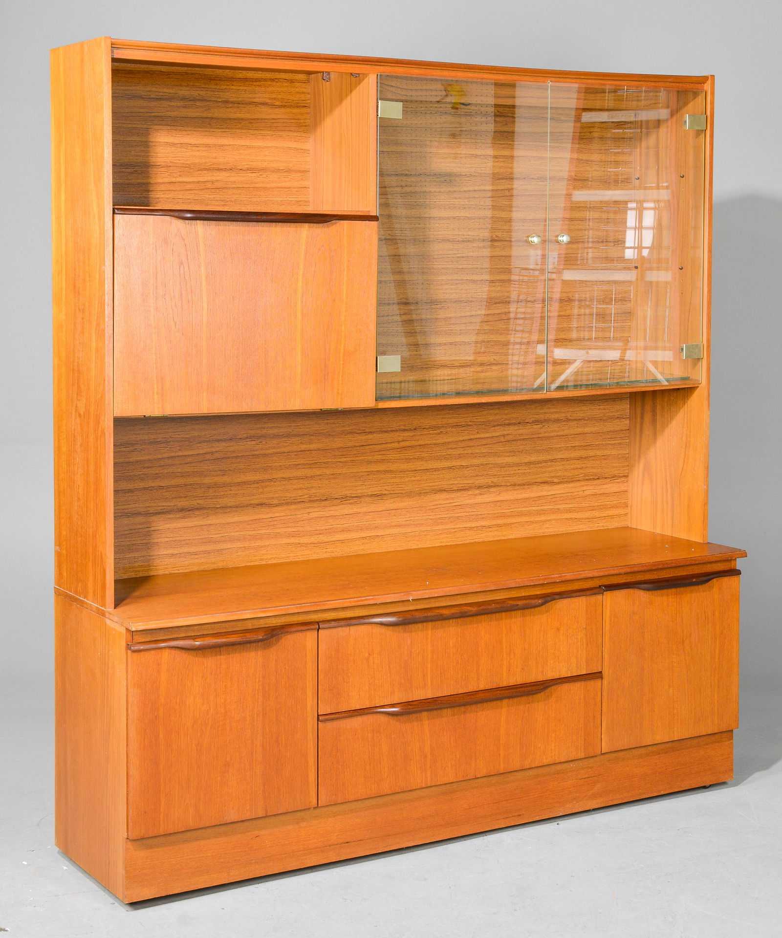 Mid Century Modern Bookcase / Cocktail Cabinet: Danish Modern Style Bookcase / Cocktail Cabinet with brass handles - 68 in tall x 62 x 17