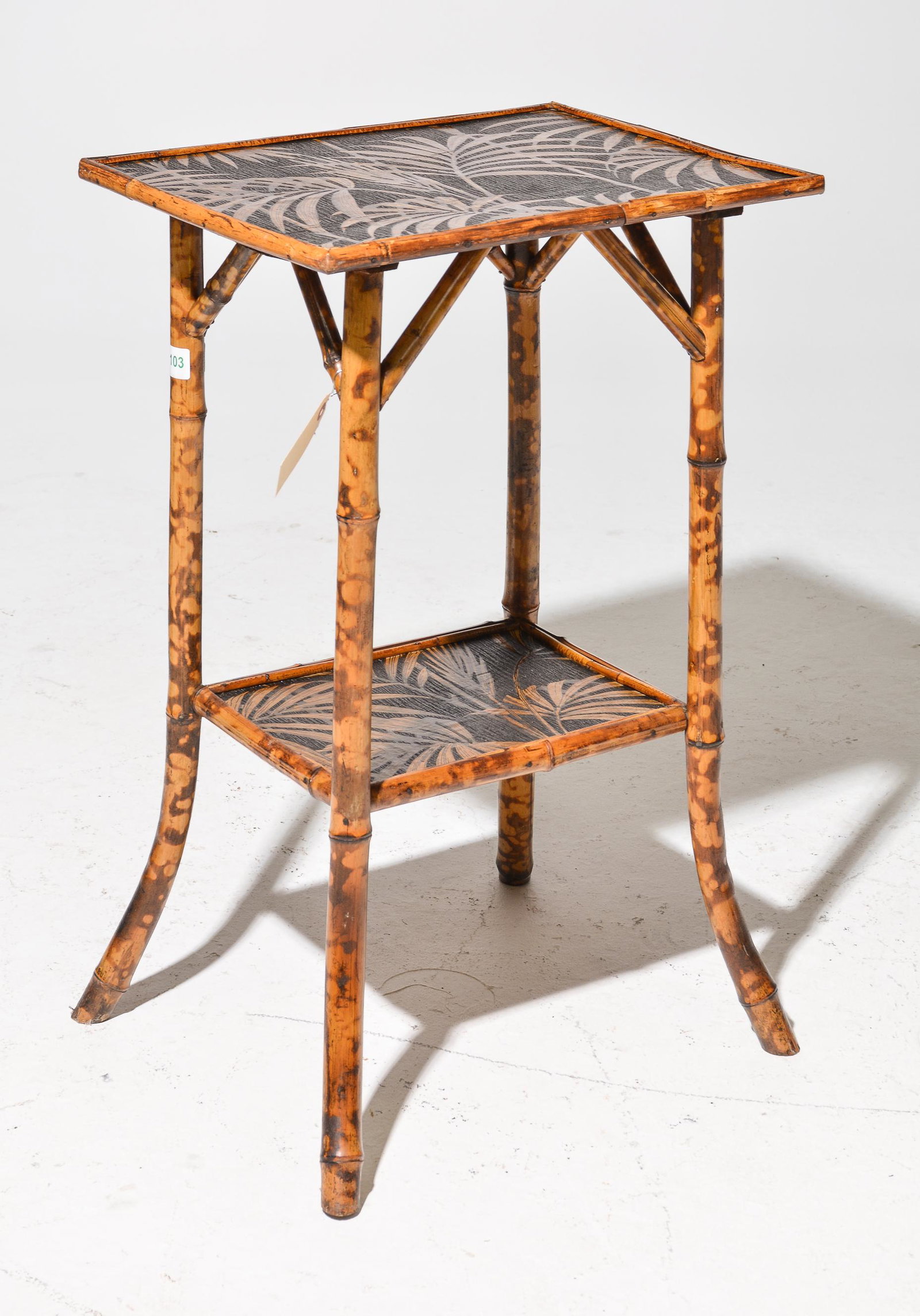 British Two Tier Bamboo Table - Palm Motif (1 of 3)