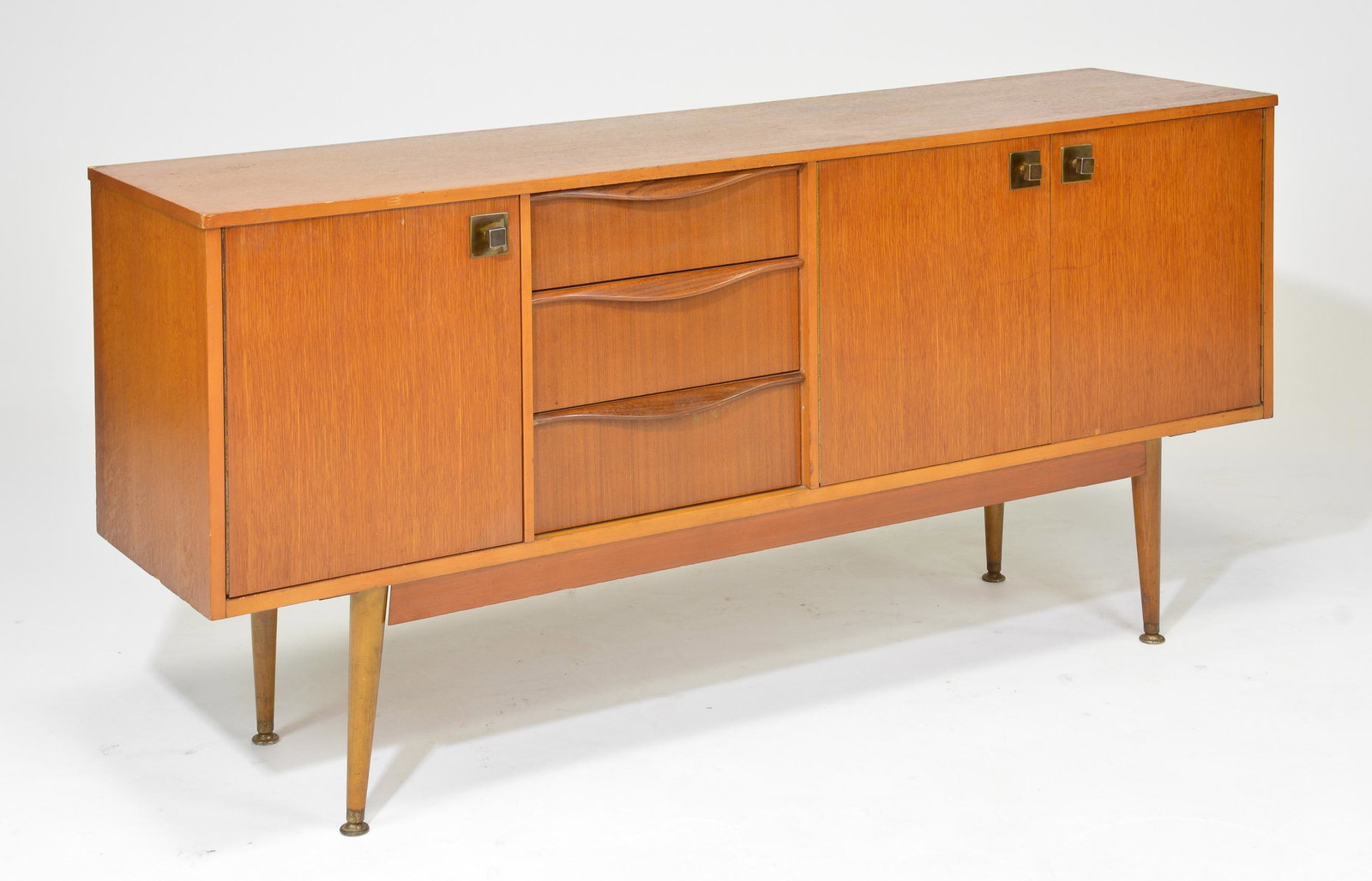 Mid Century Sideboard with Folded Handles - Lebus: Danish Mid Century Modern Style Credenza with Metal Handles & Folded Handles
