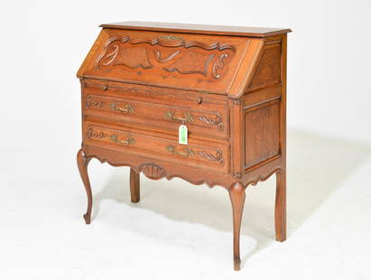 Louis XV Style 2 Drawer Drop Front Desk: French Louis XV Style Carved Oak 2 Drawer Drop Front Desk - 40 in tall x 39 x 18